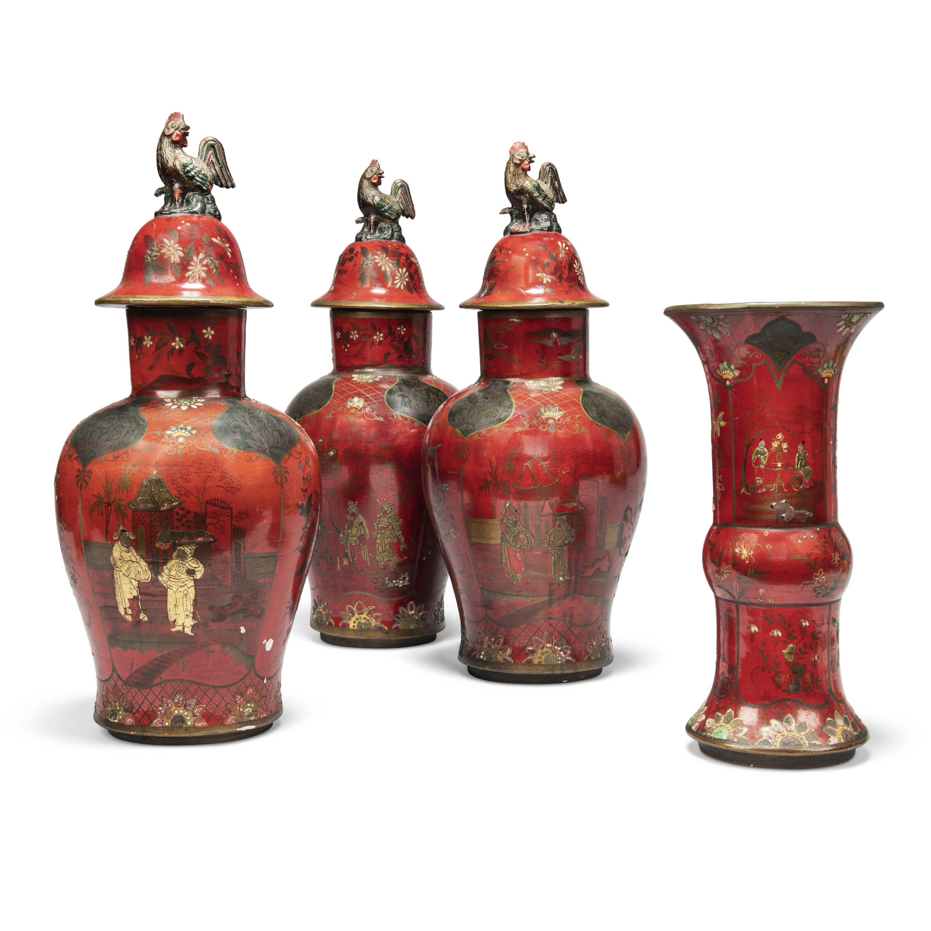 A GARNITURE OF THREE CONTINENTAL RED, BLACK AND PARCEL GILT JAPANNED ...