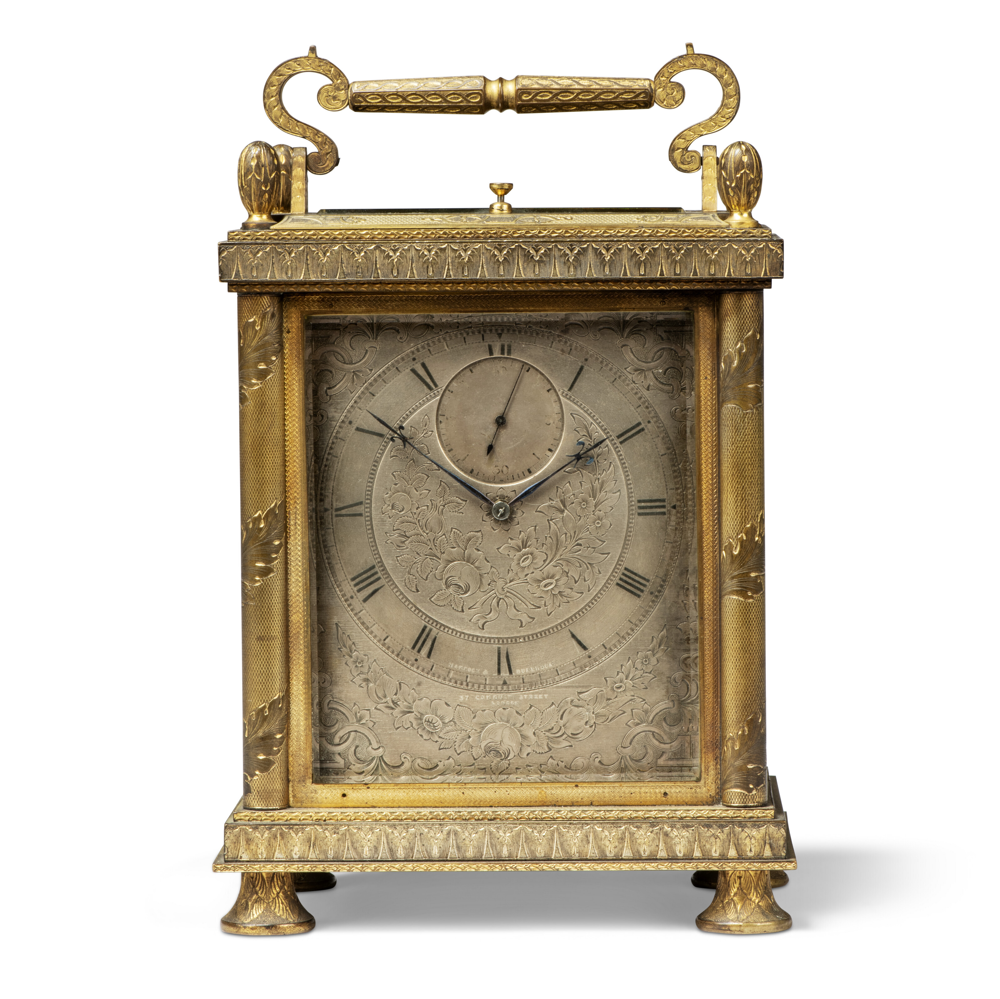 A VICTORIAN GILTBRASS ENGLISH CARRIAGE CLOCK WITH CENTRE SECONDS