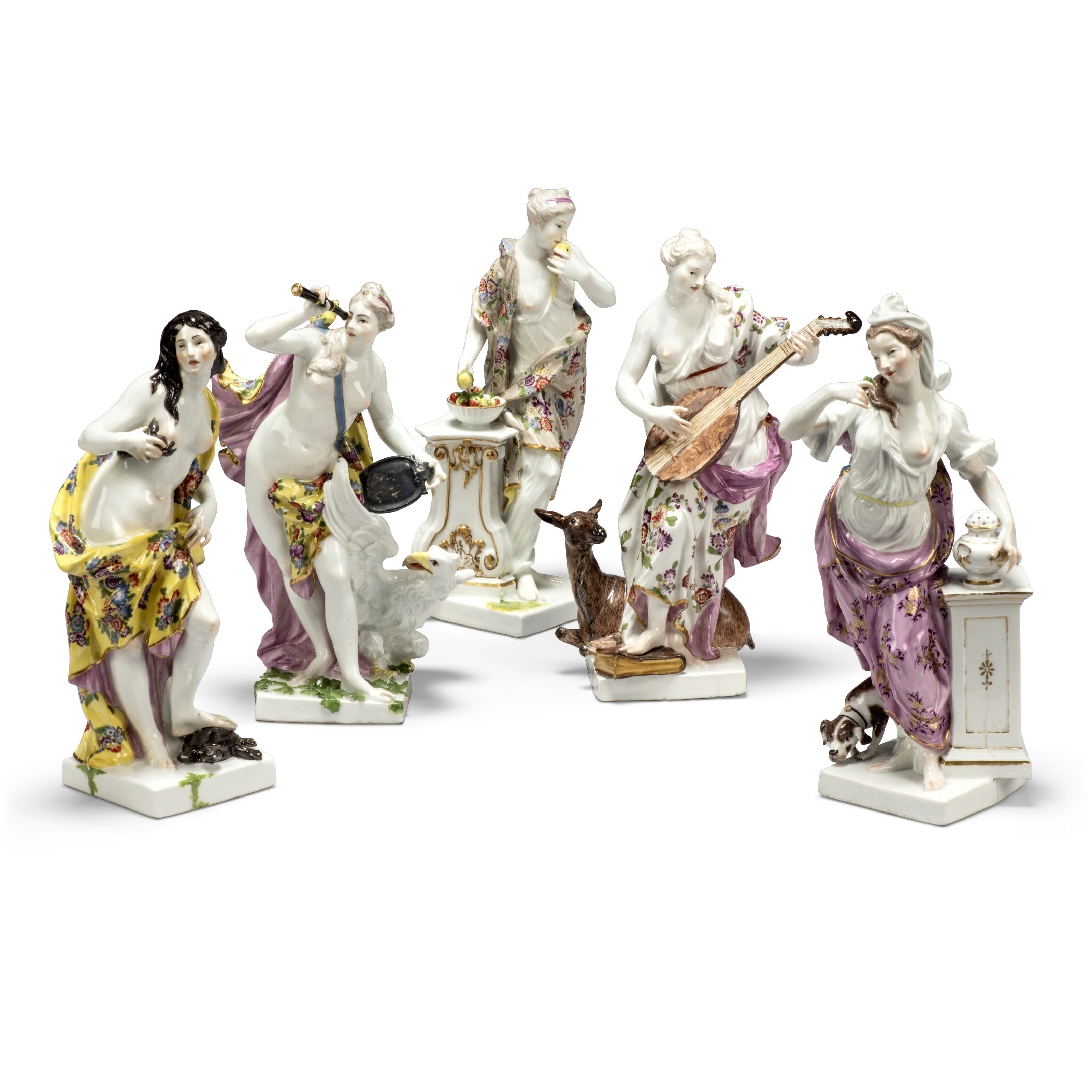 A SET OF FIVE MEISSEN PORCELAIN FIGURES EMBLEMATIC OF THE SENSES