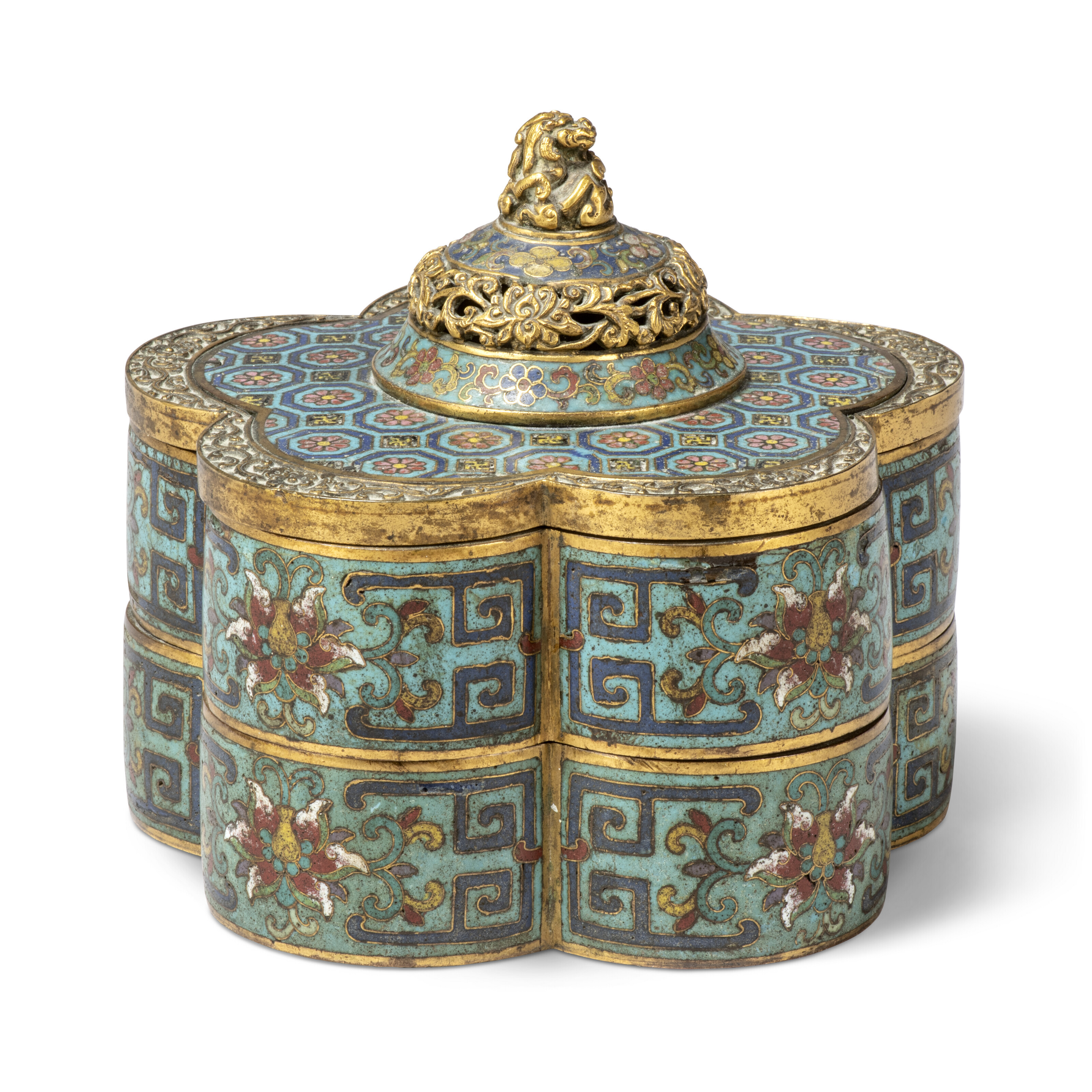 A CHINESE CLOISONNE ENAMEL AND GILT-BRONZE TWO-TIERED LOBED BOX