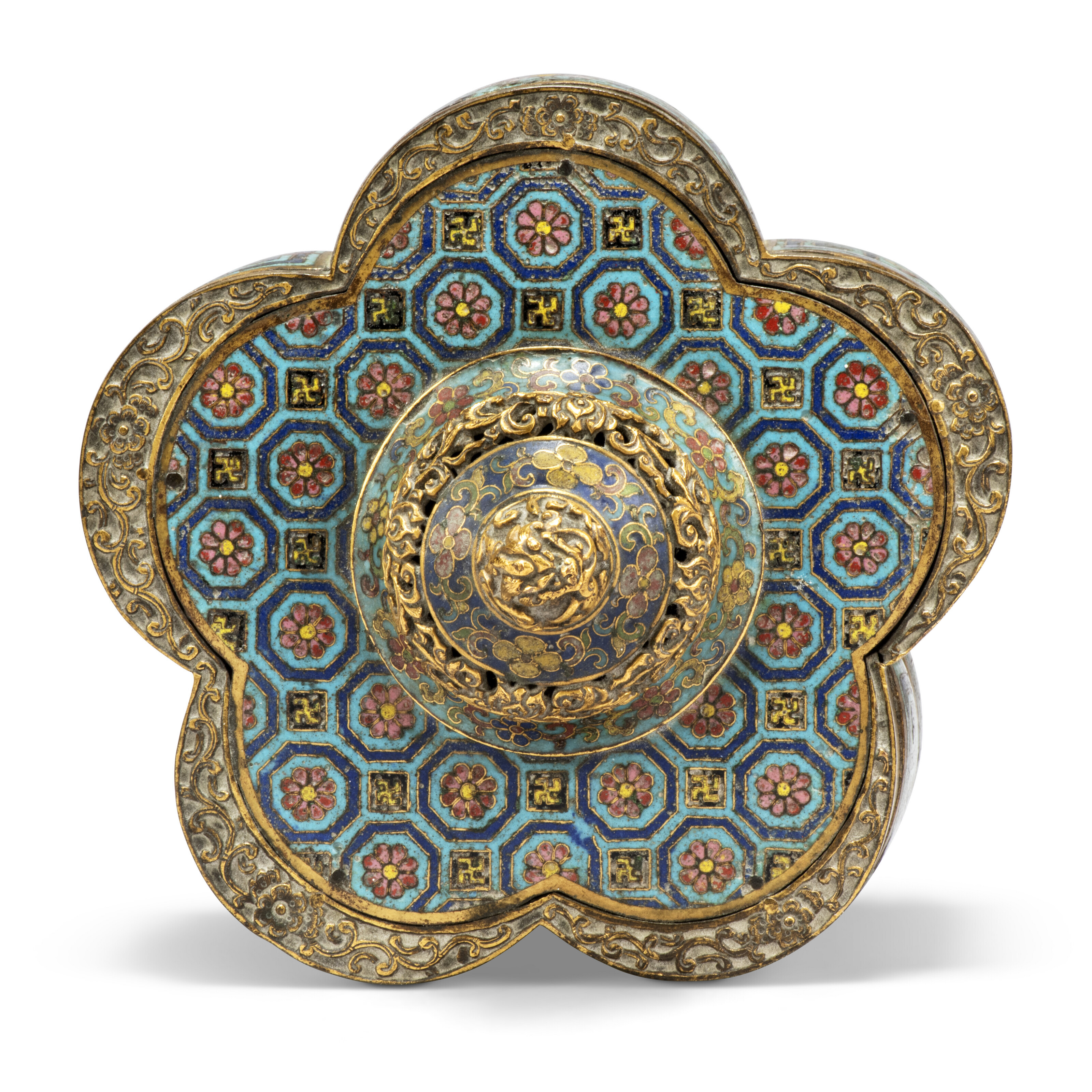 A CHINESE CLOISONNE ENAMEL AND GILT-BRONZE TWO-TIERED LOBED BOX