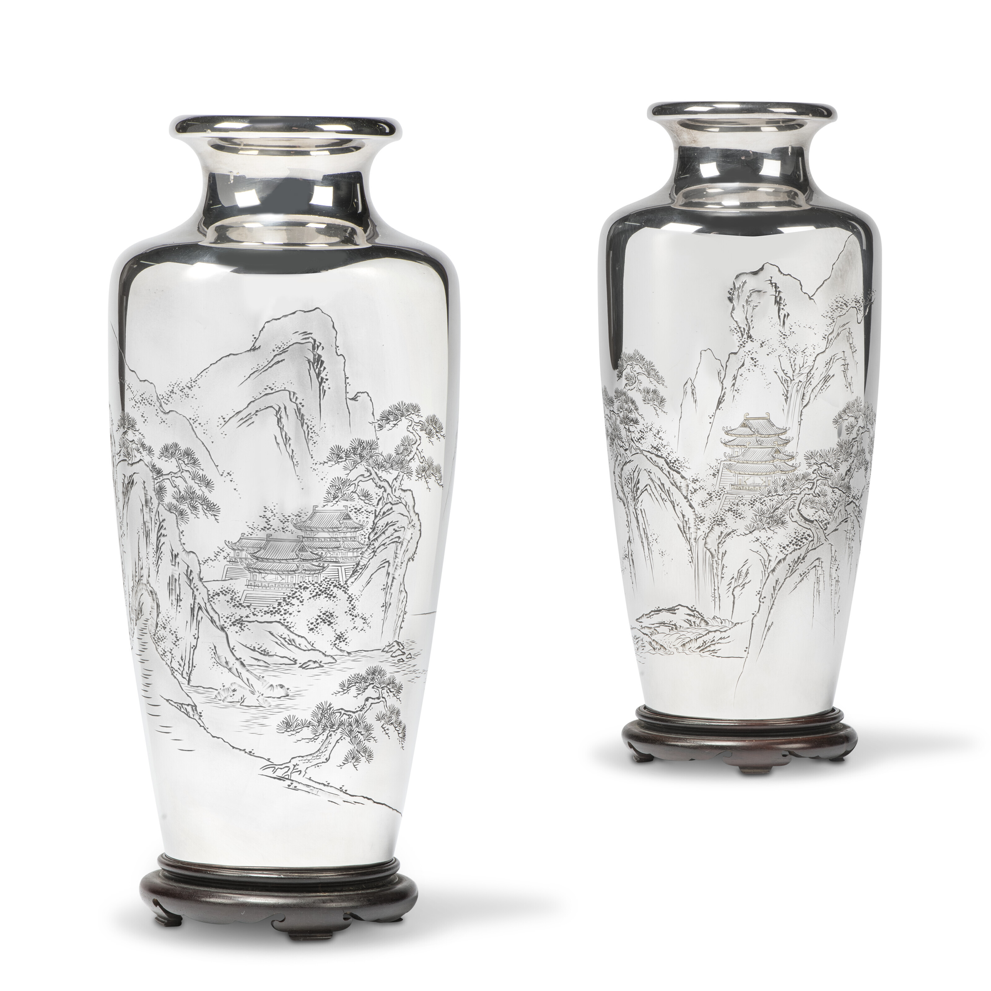 A PAIR OF JAPANESE SILVER VASES, EACH SIGNED MASAKUNI SEN (CARVED BY