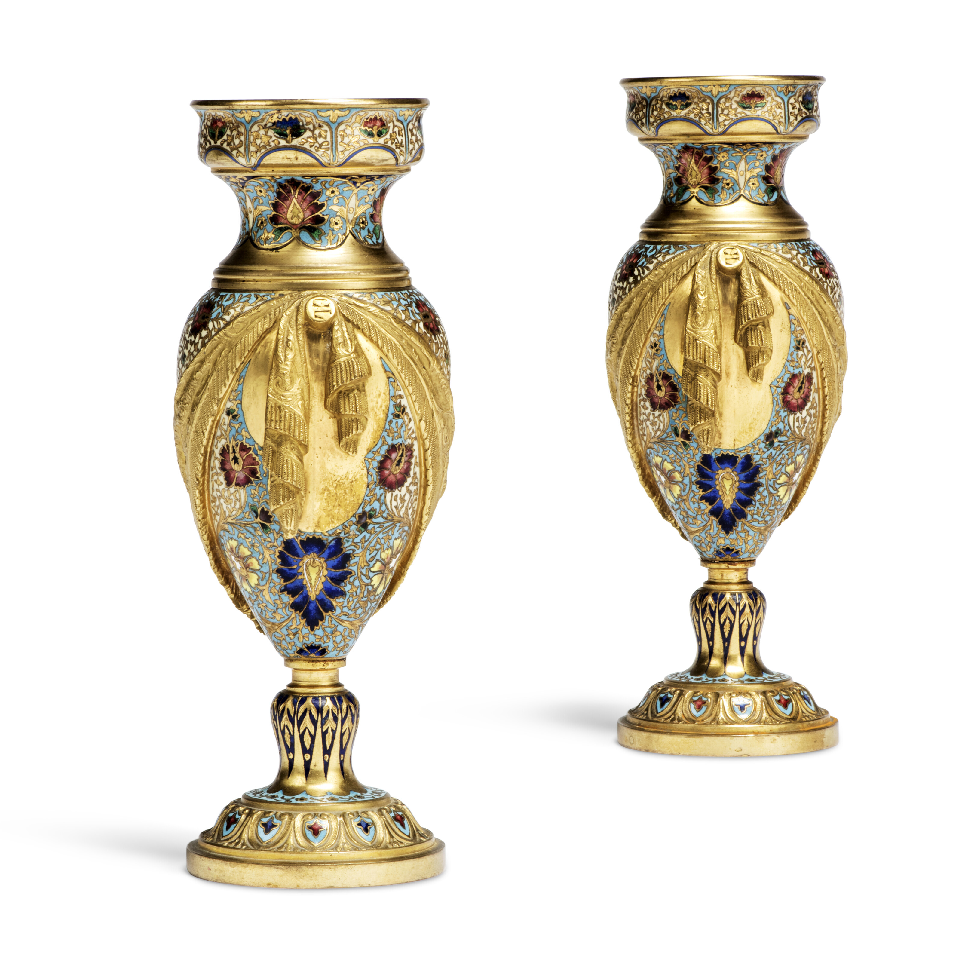 A PAIR OF FRENCH GILTBRONZE AND CHAMPLEVE ENAMEL SPILL VASES, CIRCA
