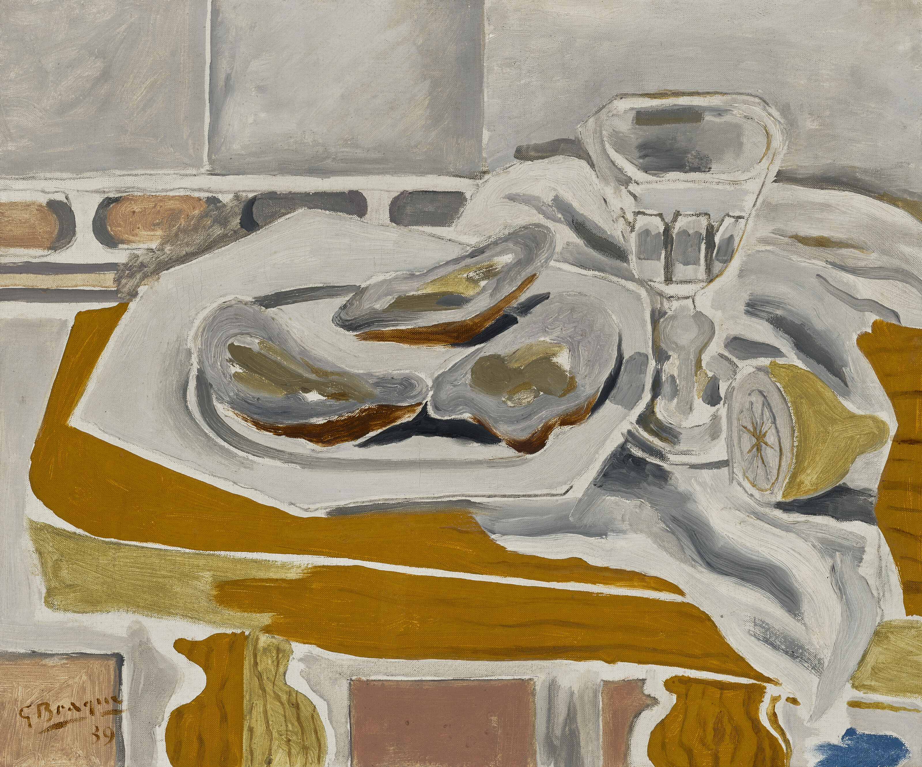 Georges Braque (1882-1963), Verre et hu&icirc;tres, 1939. Oil on canvas. 14⅞ x 18⅛ in (38 x 46 cm). Estimate: &pound;200,000-300,000. Offered in Churchill to Eden: The Collection of The Earl and Countess of Avon on 21 October 2022 at Christie&rsquo;s in London