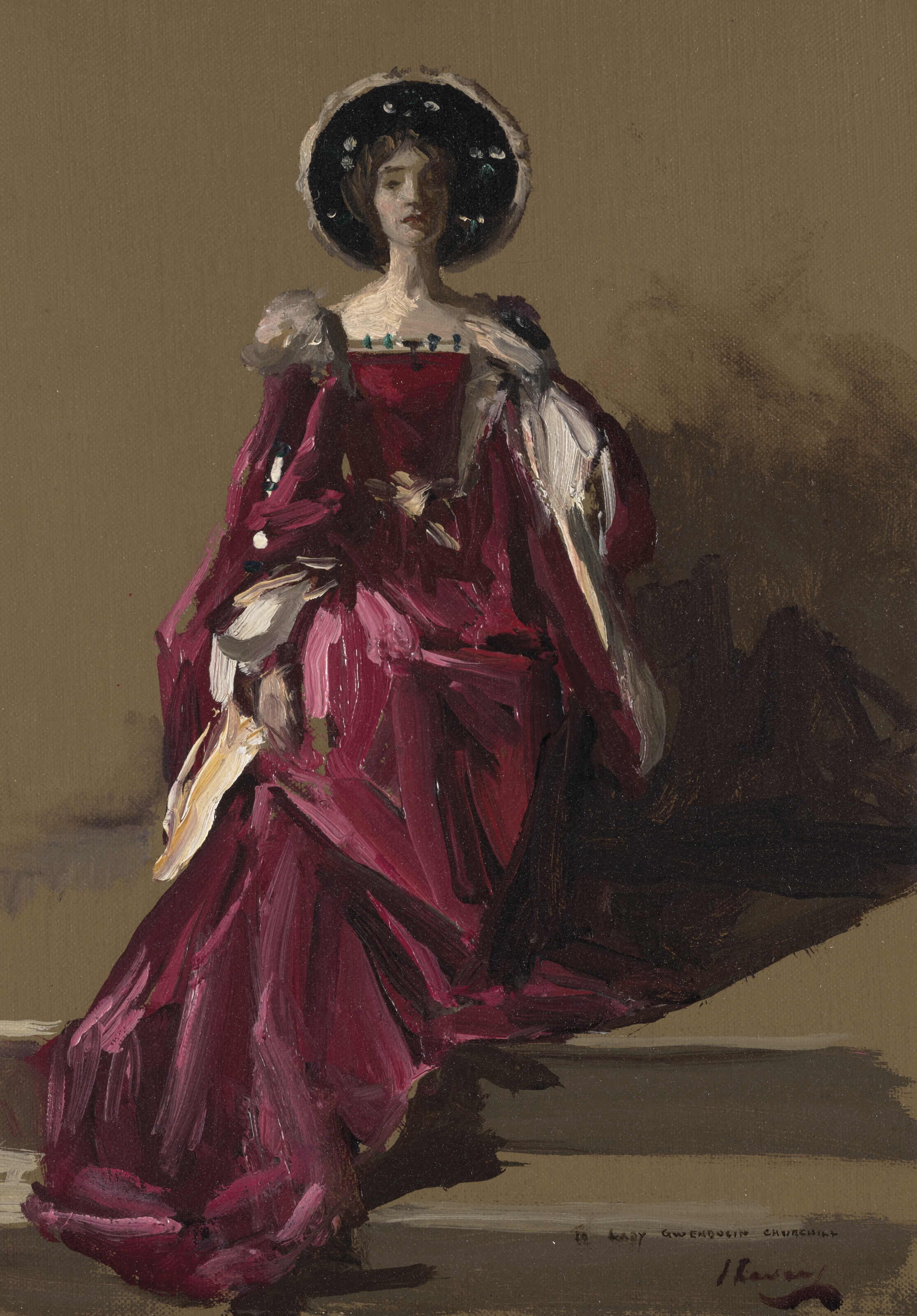 Sir John Lavery, R.S.A., R.H.A., R.A. (1856-1941), Lady Gwendeline Spencer-Churchill in The Merchant of Venice. Oil on canvas-board. 13&frac34; x 10 in (34.9 x 25.4 cm). Estimate: &pound;50,000-80,000. Offered in Churchill to Eden: The Collection of The Earl and Countess of Avon on 21 October 2022 at Christie&rsquo;s in London