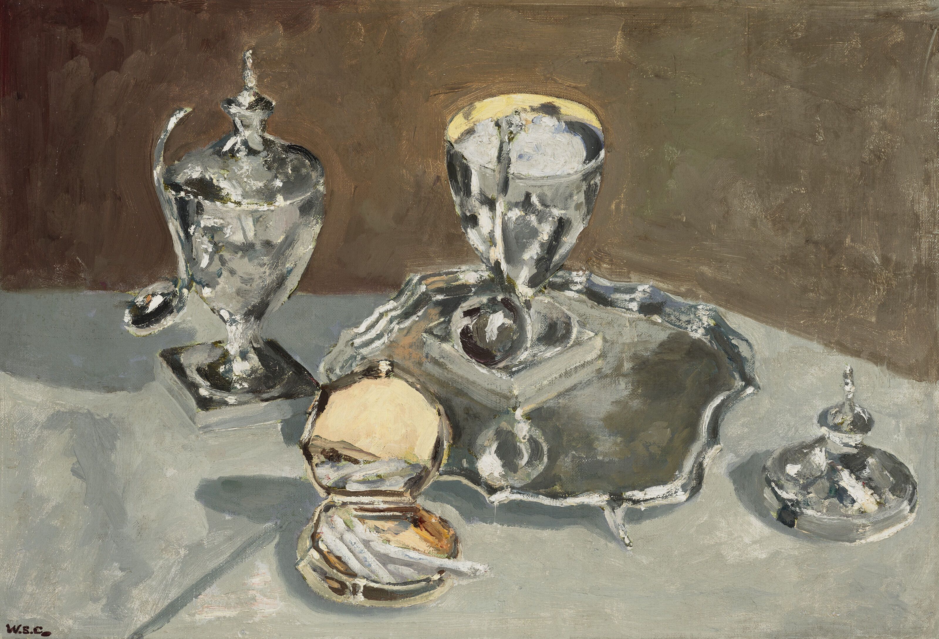 Sir Winston Churchill, O.M., R.A. (1874-1965), Still Life, Silver at Chartwell, 1930s. Oil on canvas-board. 14 x 19&frac34;  in (35.6 x 50.2  cm). Estimate: &pound;400,000-600,000. Offered in Churchill to Eden: The Collection of The Earl and Countess of Avon on 21 October 2022 at Christie&rsquo;s in London