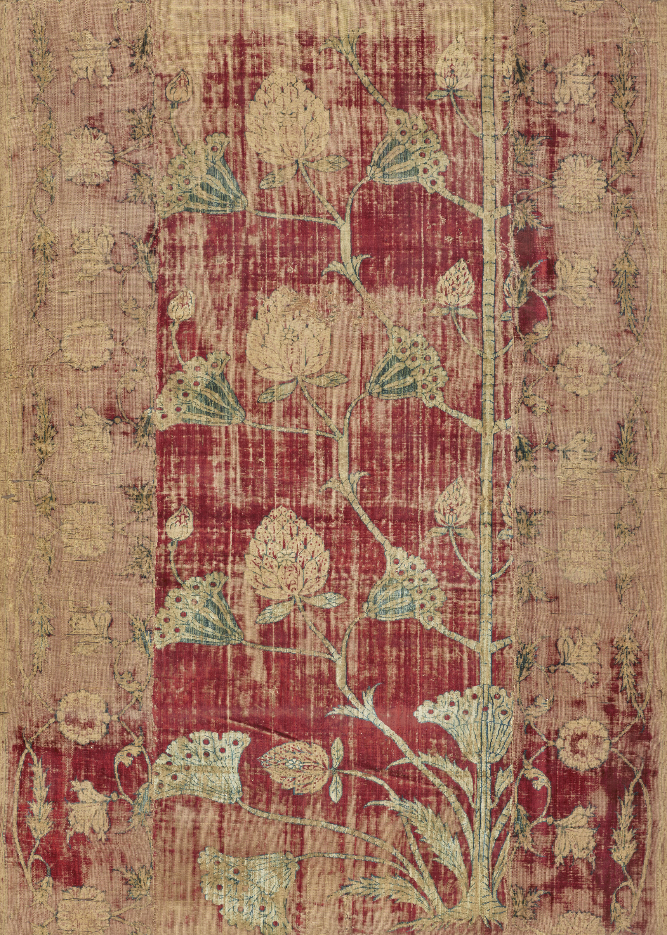 A Mughal large velvet fragment, Northern India, first half 17th century. Panel: 3 ft 4 in x 2 ft 4 in (101 x 72 cm). Estimate: &pound;25,000-35,000. Offered in Churchill to Eden: The Collection of The Earl and Countess of Avon on 21 October 2022 at Christie&rsquo;s in London