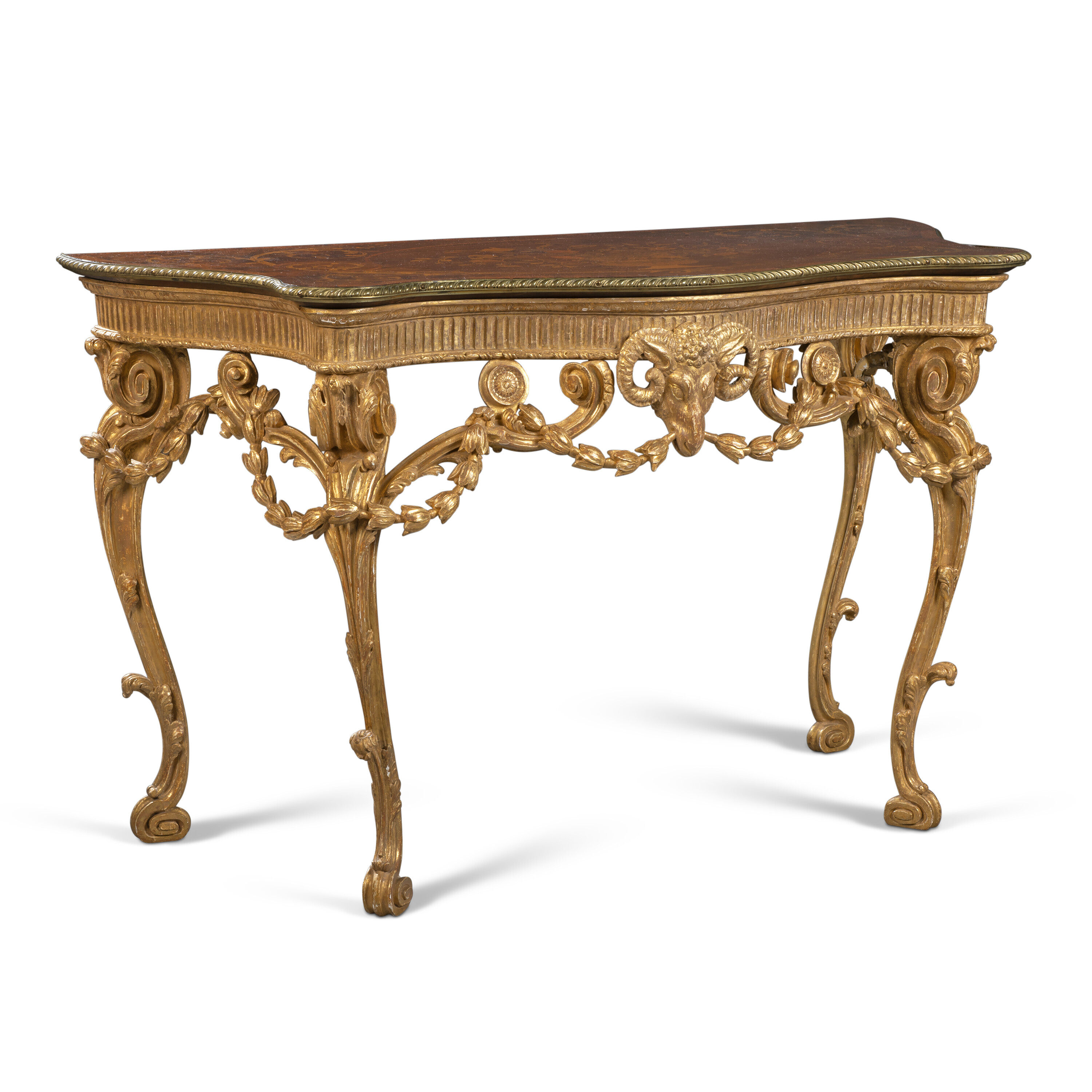 One of a pair of George III gilt-brass mounted kingwood-crossbanded walnut, tulipwood and fruitwood marquetry and giltwood pier tables. Attributed to William Ince and John Mayhew, circa 1770. 34&frac14; in (87 cm) high; 55&frac12; in (141 cm) wide; 25⅛ in (64 cm) deep. Sold for &pound;163,800 on 22 November 2022 at Christie&rsquo;s in London from the Collection of Lord and Lady Weinstock