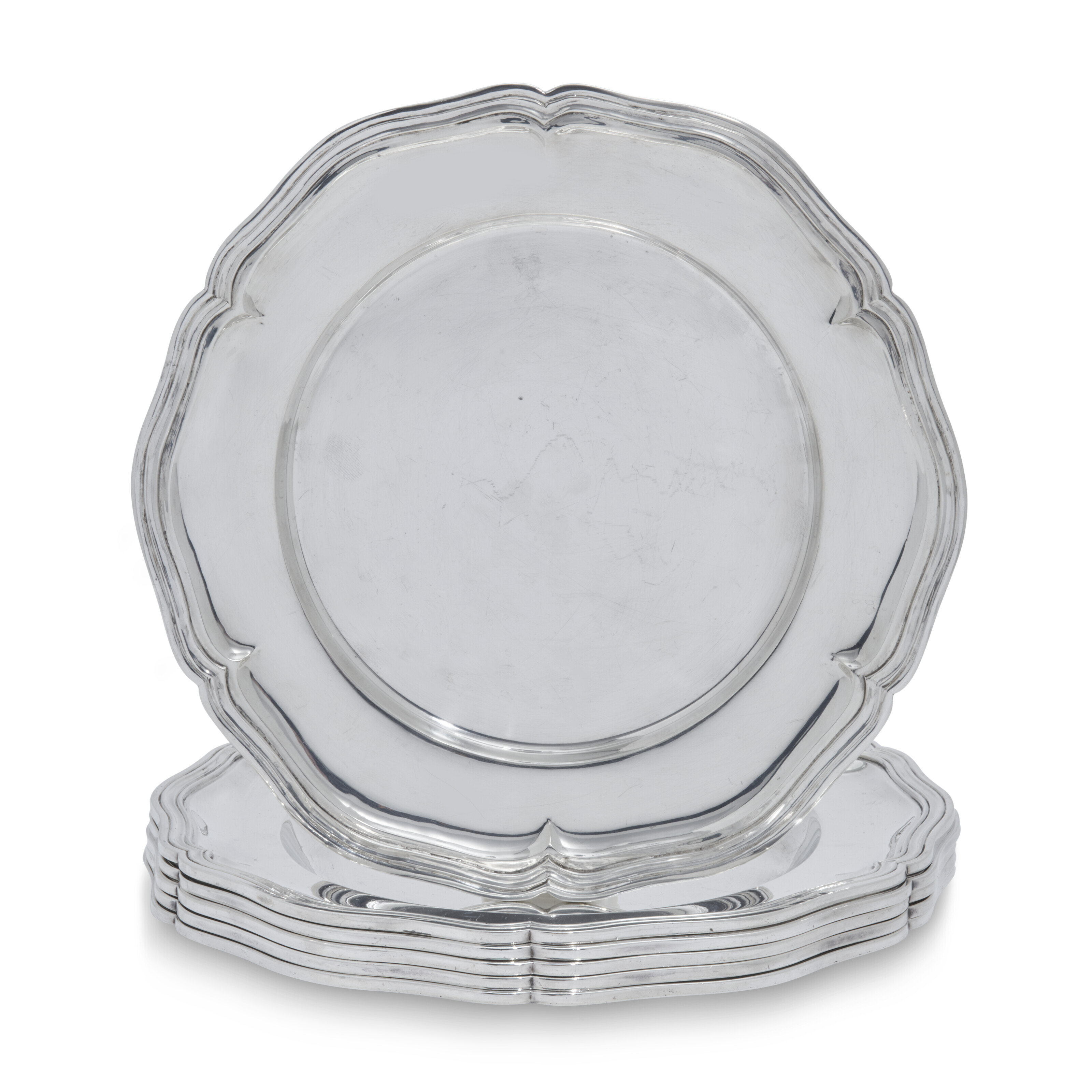 SIX AMERICAN LARGE DINNER PLATES, FIVE WITH MARK OF SHREVE ...