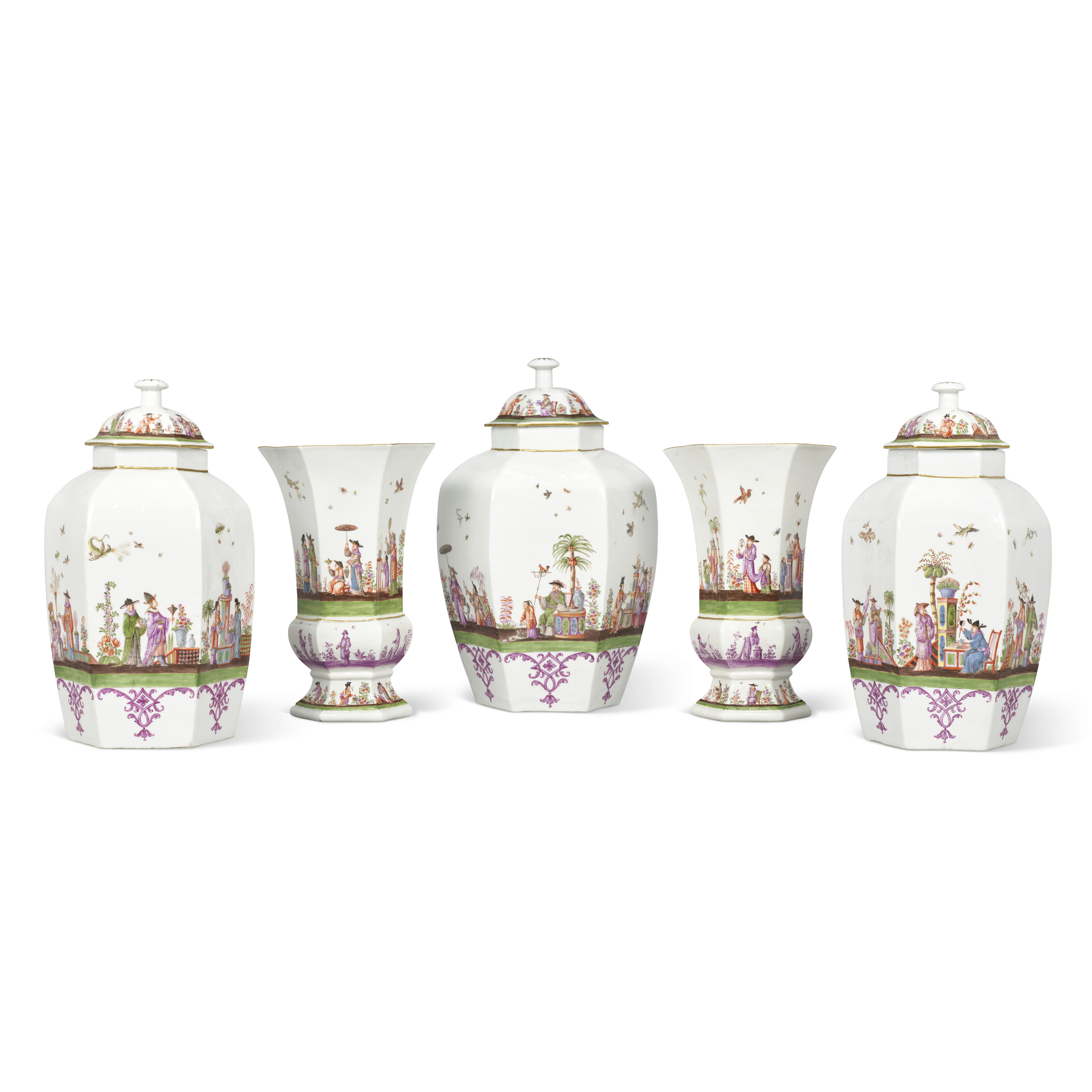 A GARNITURE OF FIVE MEISSEN PORCELAIN HEXAGONAL VASES AND COVERS 