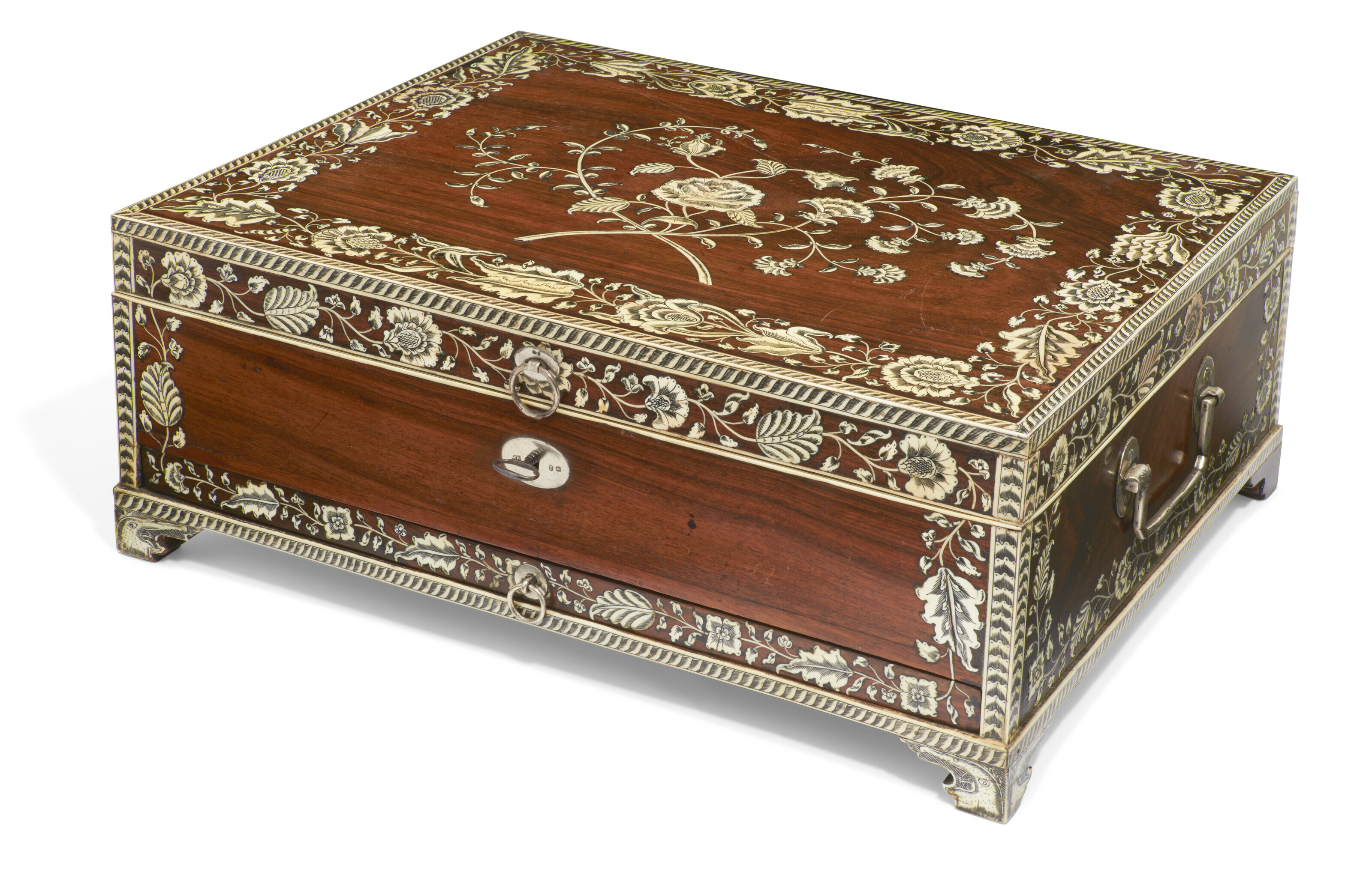 A VIZAGAPATAM SILVERMOUNTED AND IVORYINLAID ROSEWOOD DRESSINGBOX