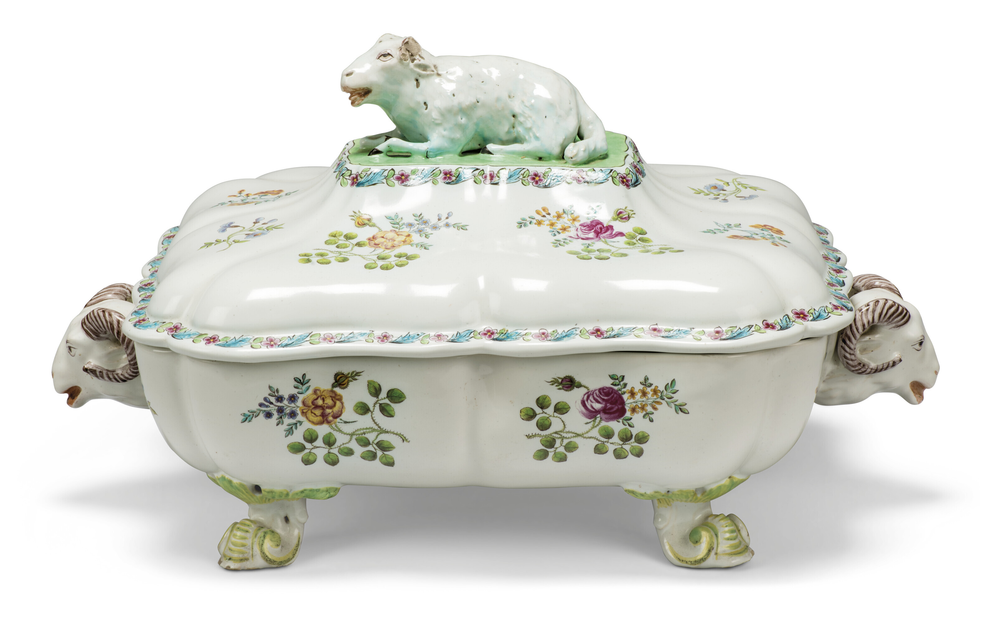 A HÖCHST FAYENCE TWOHANDLED TUREEN AND COVER, CIRCA 1750, MANGANESE WHEEL OVER PV MARK, THE