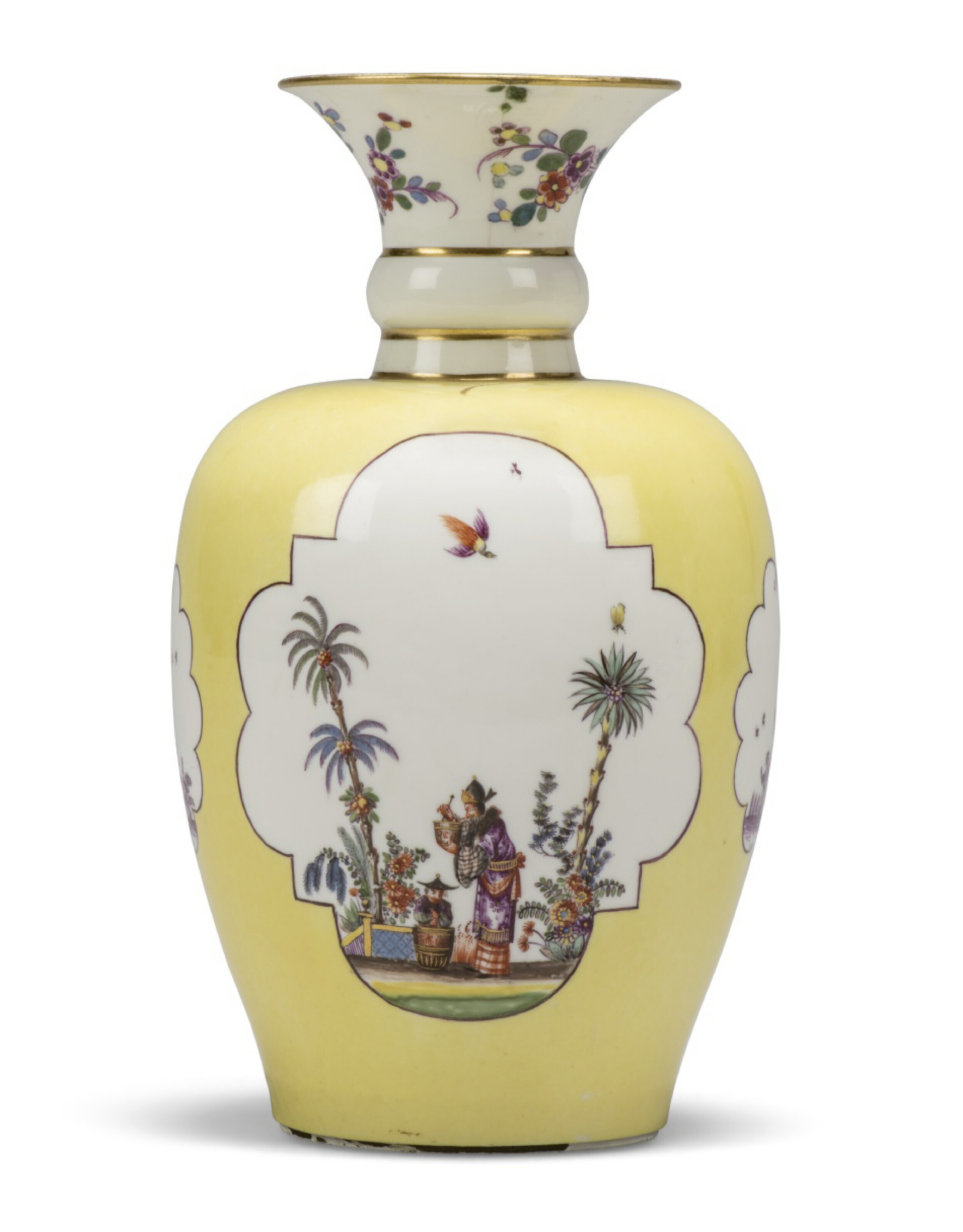 A MEISSEN (AUGUSTUS REX) PORCELAIN YELLOWGROUND BALUSTER VASE, CIRCA