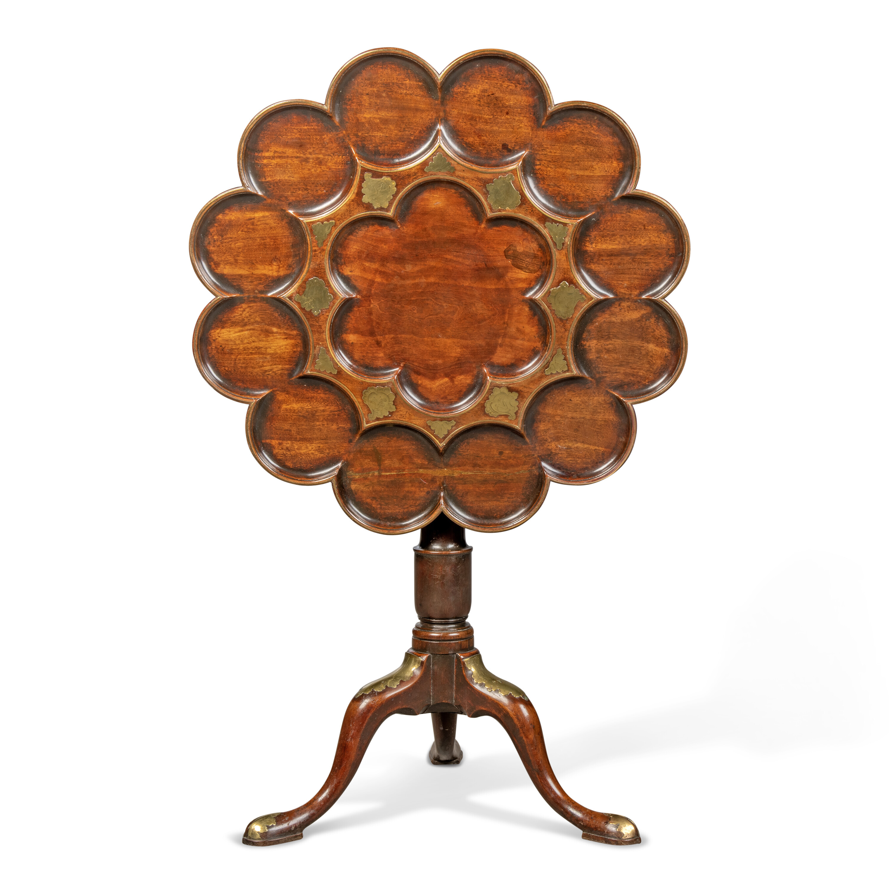 A GEORGE II MAHOGANY AND BRASS-INLAID TRIPOD TABLE, ATTRIBUTED TO