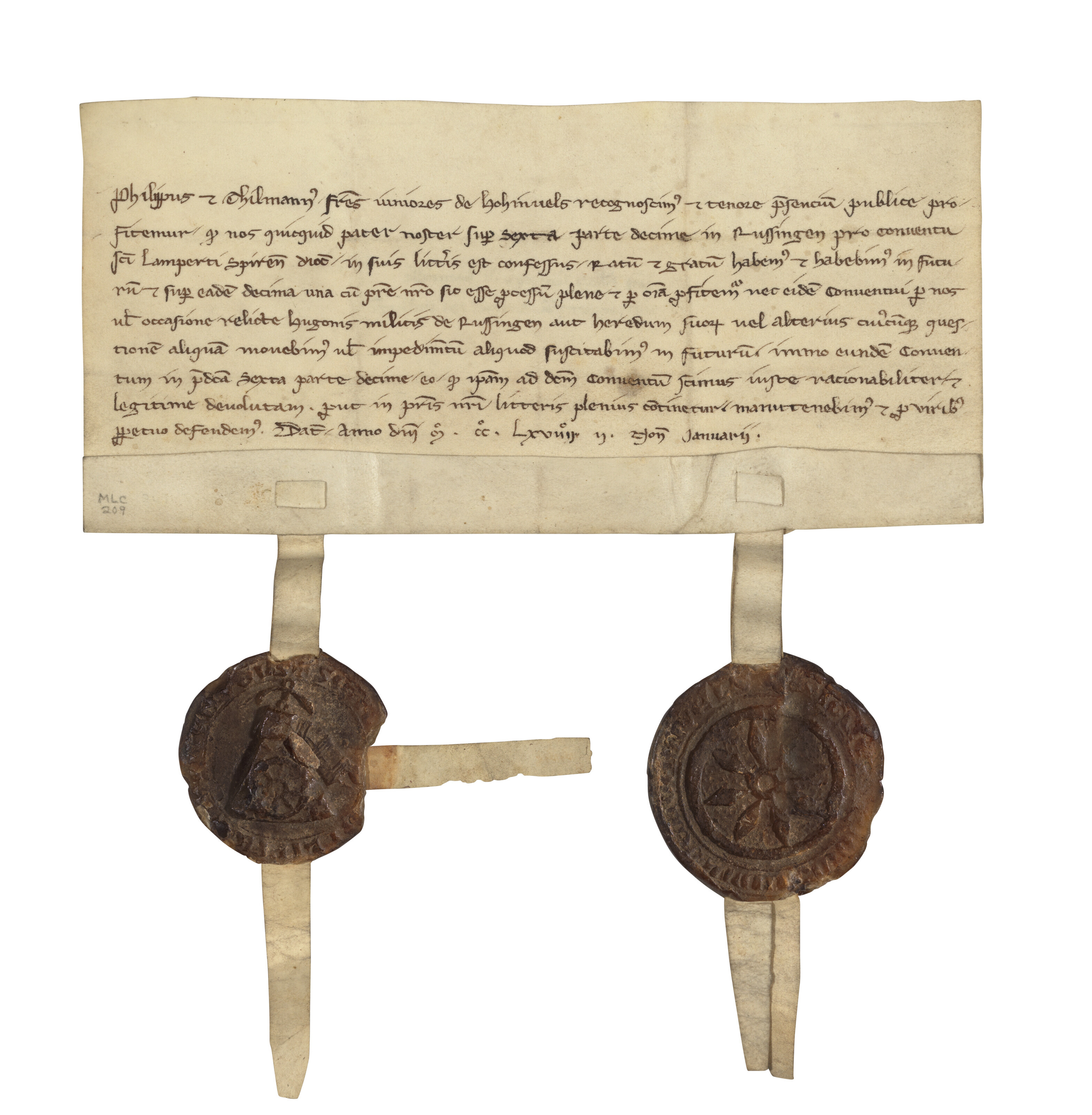 A document with pendent seals of two brothers, Confirmation of a tithe ...
