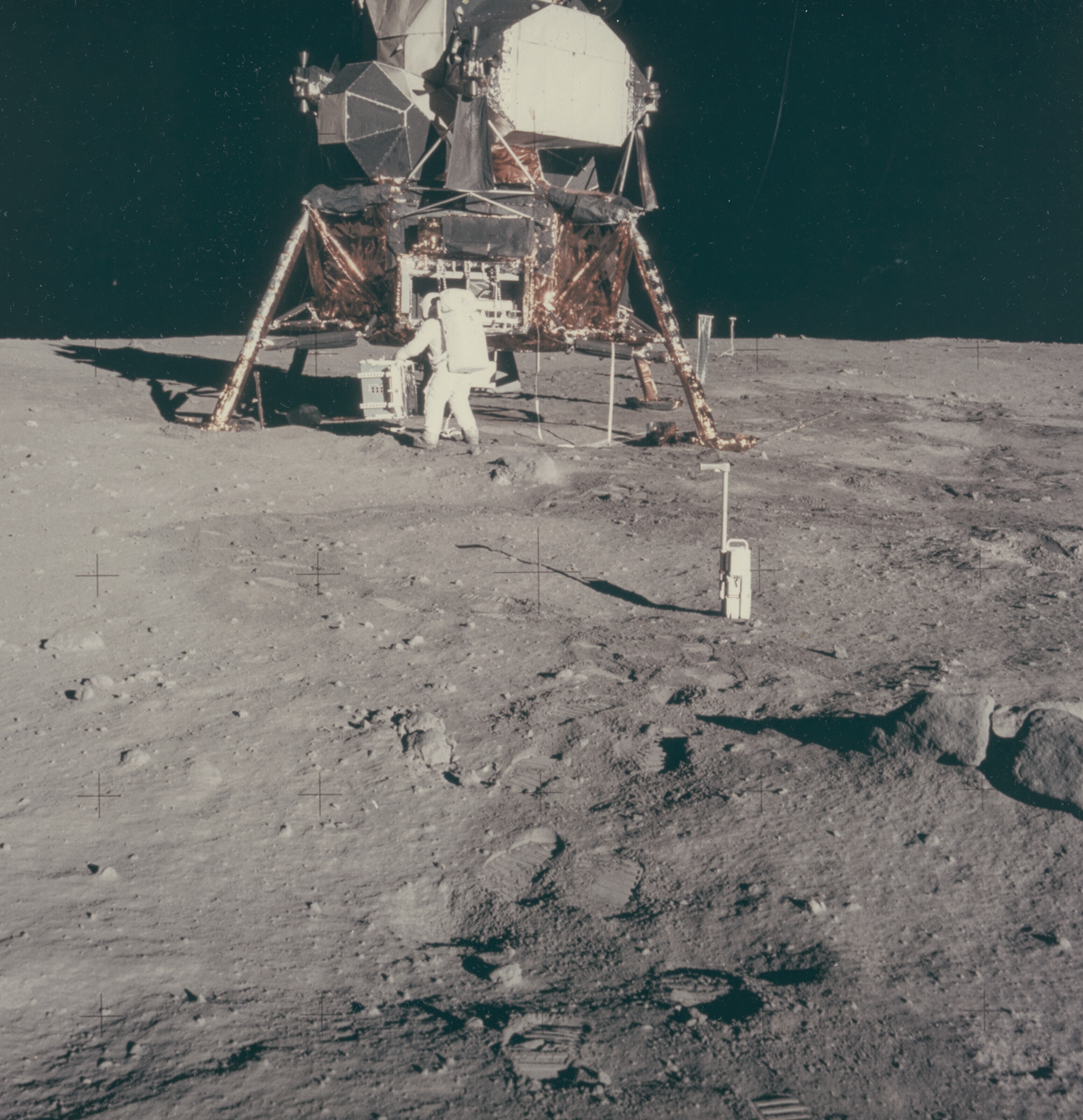 Buzz Aldrin prepares to deploy the early Apollo scientific experiments package on the lunar surface, 16-24 July 1969, Neil Armstrong (Apollo 11). 20.3 x 25.4 cm (8 x 10 in). Sold for &pound;1,134 on 18 May 2022 at Christie&rsquo;s Online