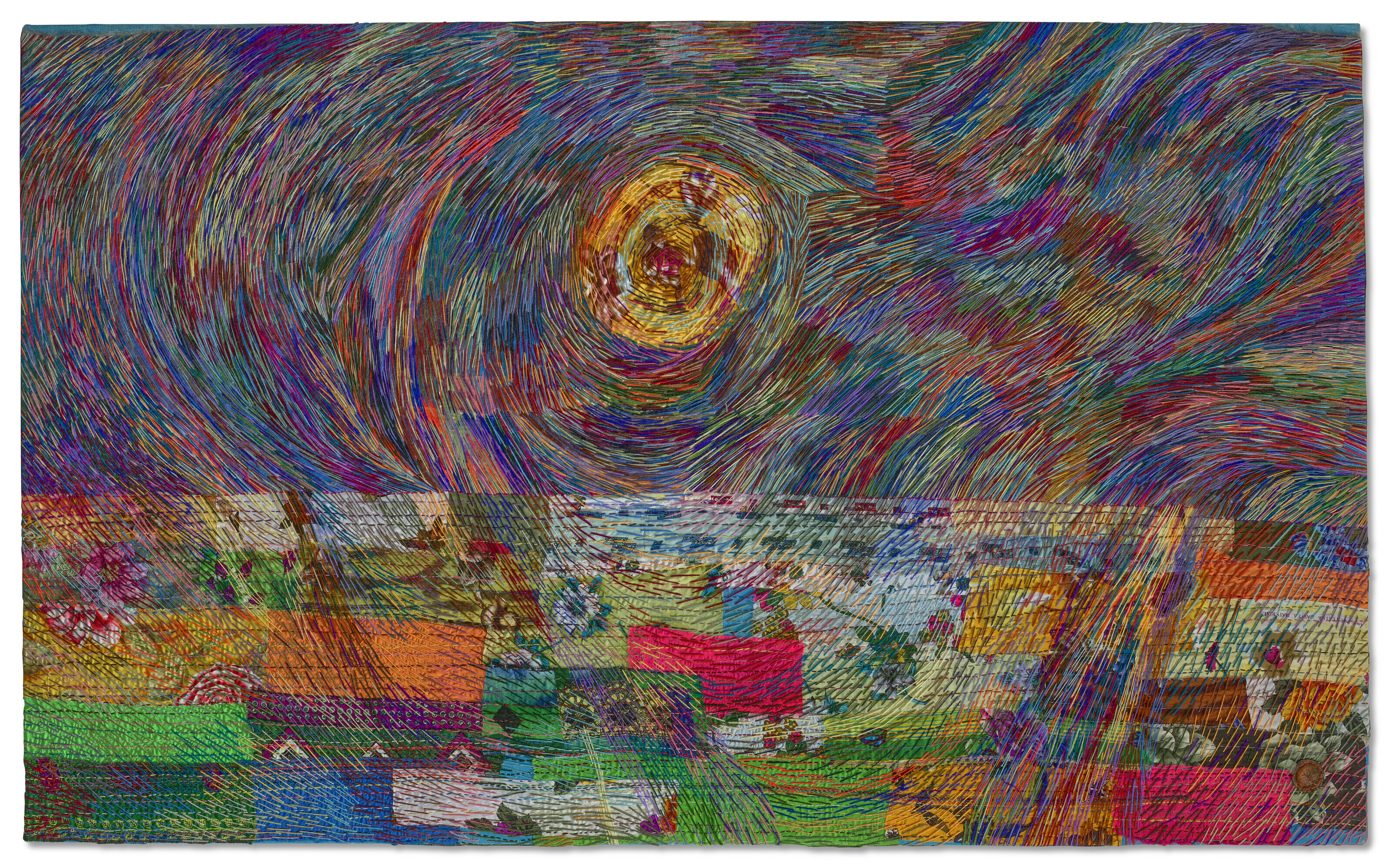 Elias Sime (b. 1968), Untitled, circa 2000s. Hand-stitched cotton, dyed cloth and aluminium bottle cap on canvas. 37⅛ x 61 in (94.5 x 155 cm). Sold for £119,700 on 13 October 2022 at Christie’s in London