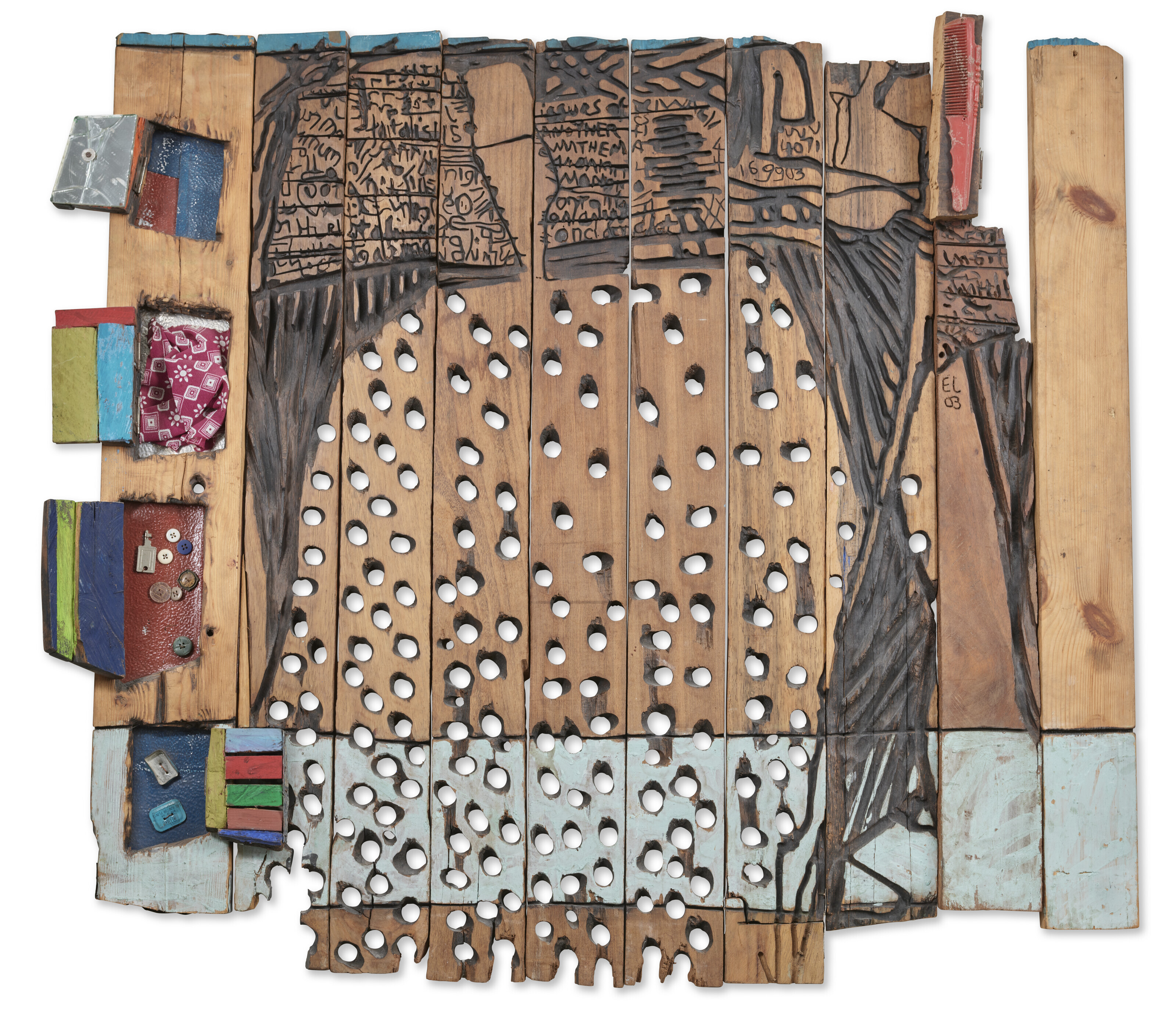 El Anatsui (b. 1944), Oga I, 2003. Acrylic and found objects on carved wood, in 10 parts. Overall: 38&frac14; x 41⅜ in (97 x 105 cm)
