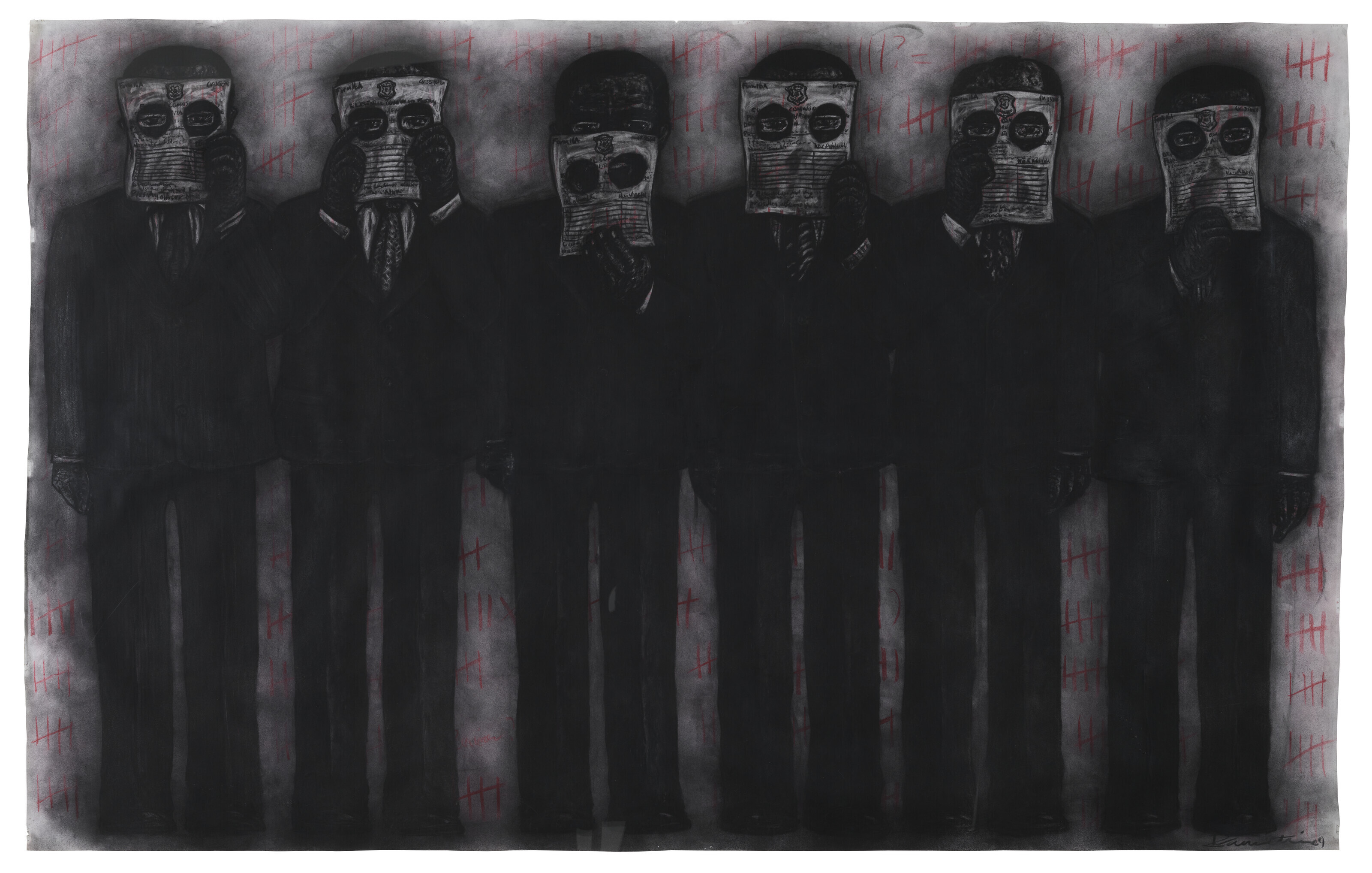 Peterson Kamwathi (b. 1980), Untitled (ECK) (from Sitting Allowance series), 2009. Charcoal and soft pastel on paper. Executed in 2009. 59⅝ x 94&frac34; in (151.4 x 240.7 cm). Sold for £32,760 on 13 October 2022 at Christie’s in London