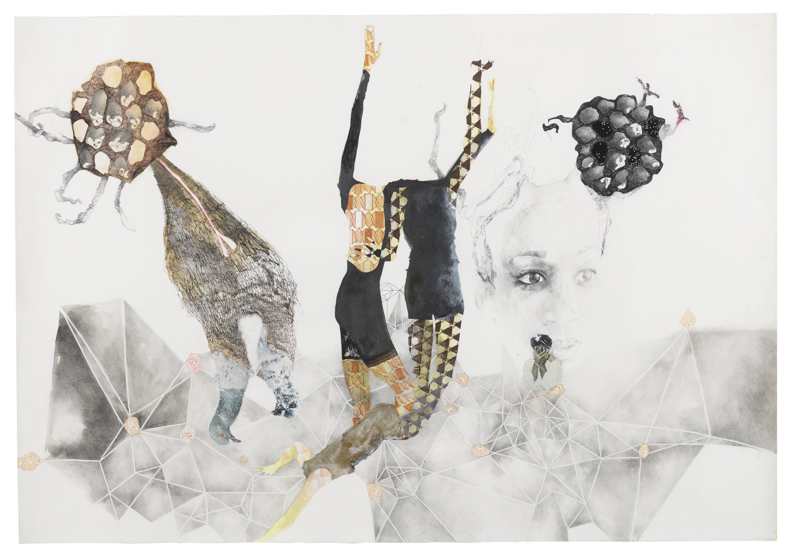 ruby onyinyechi amanze (b. 1982), hybrids, aliens and ghosts, 2013. Graphite, ink, enamel, glitter and dye transfer on paper. 30⅝ x 43&frac34; in (77.8 x 111 cm). Sold for &pound;21,420 on 13 October 2022 at Christie&rsquo;s in London