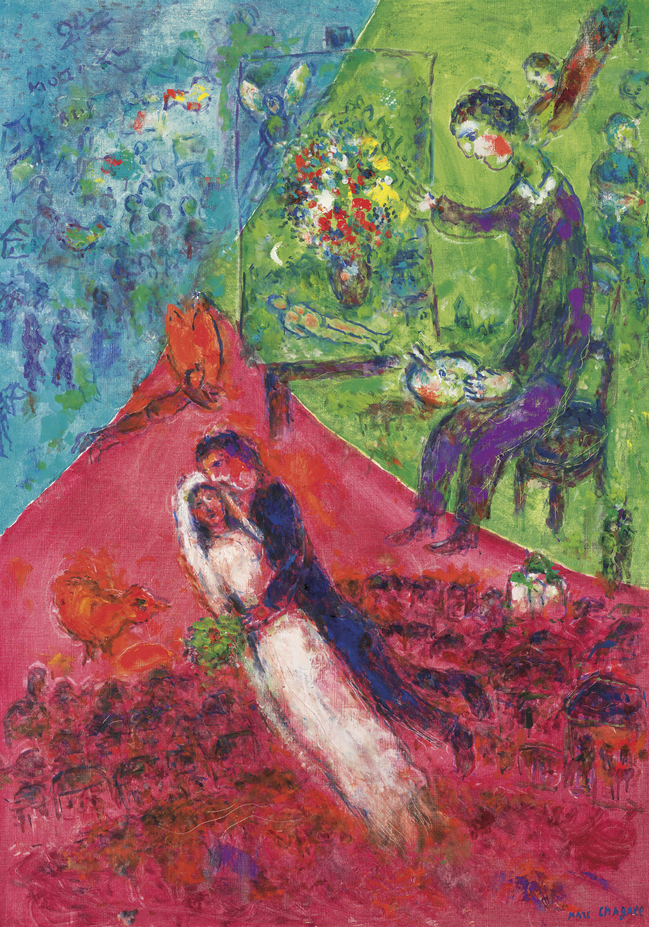 Marc Chagall (1887-1985), Le peintre et les mari&eacute;s aux trois couleurs, 1984. Sold for &pound;1,602,000 on 28 June 2022 at Christie&rsquo;s in London