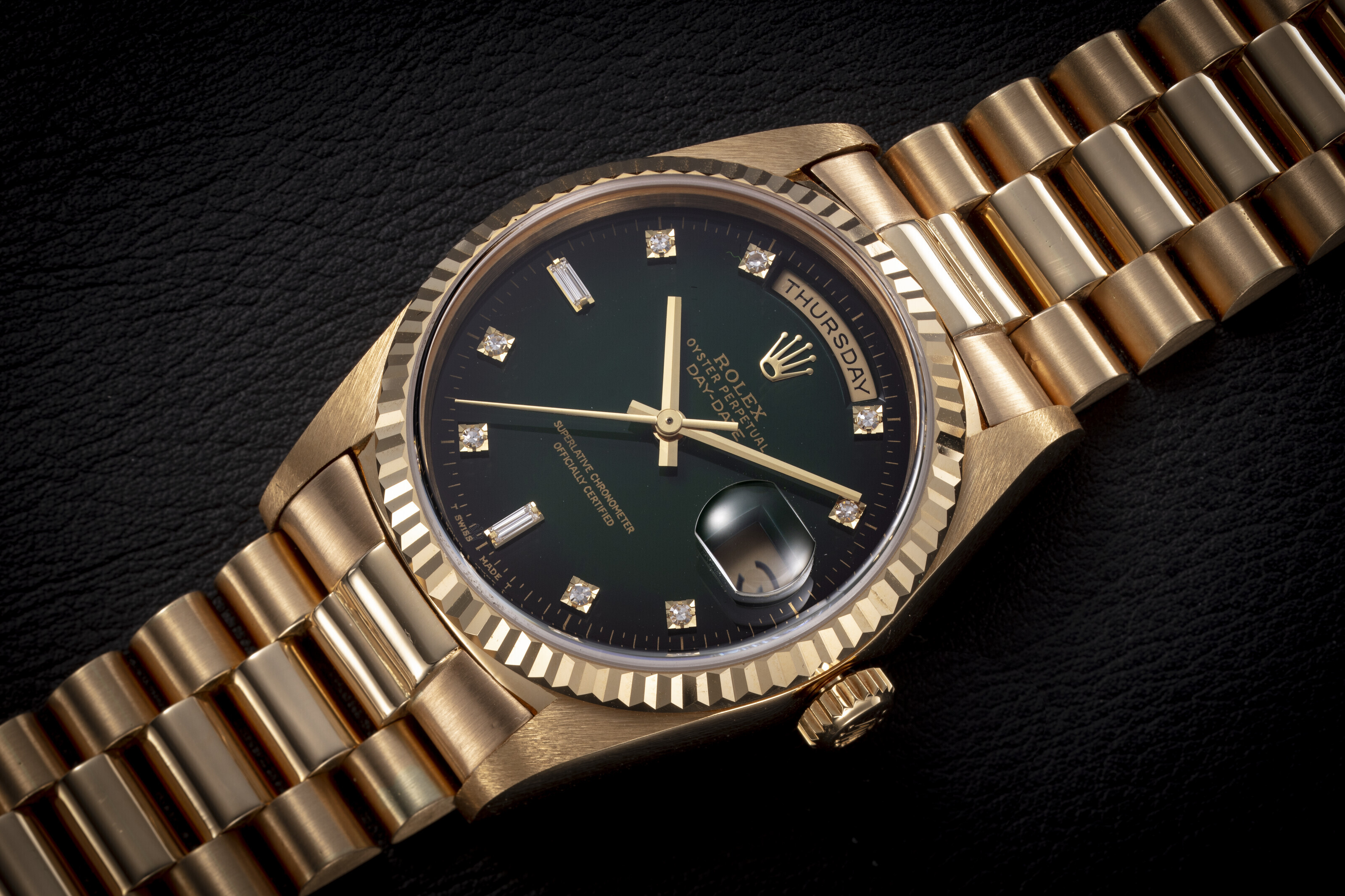 ROLEX, DAY-DATE REF. 18238, AN ATTRACTIVE GOLD DAY-DATE WITH GREEN