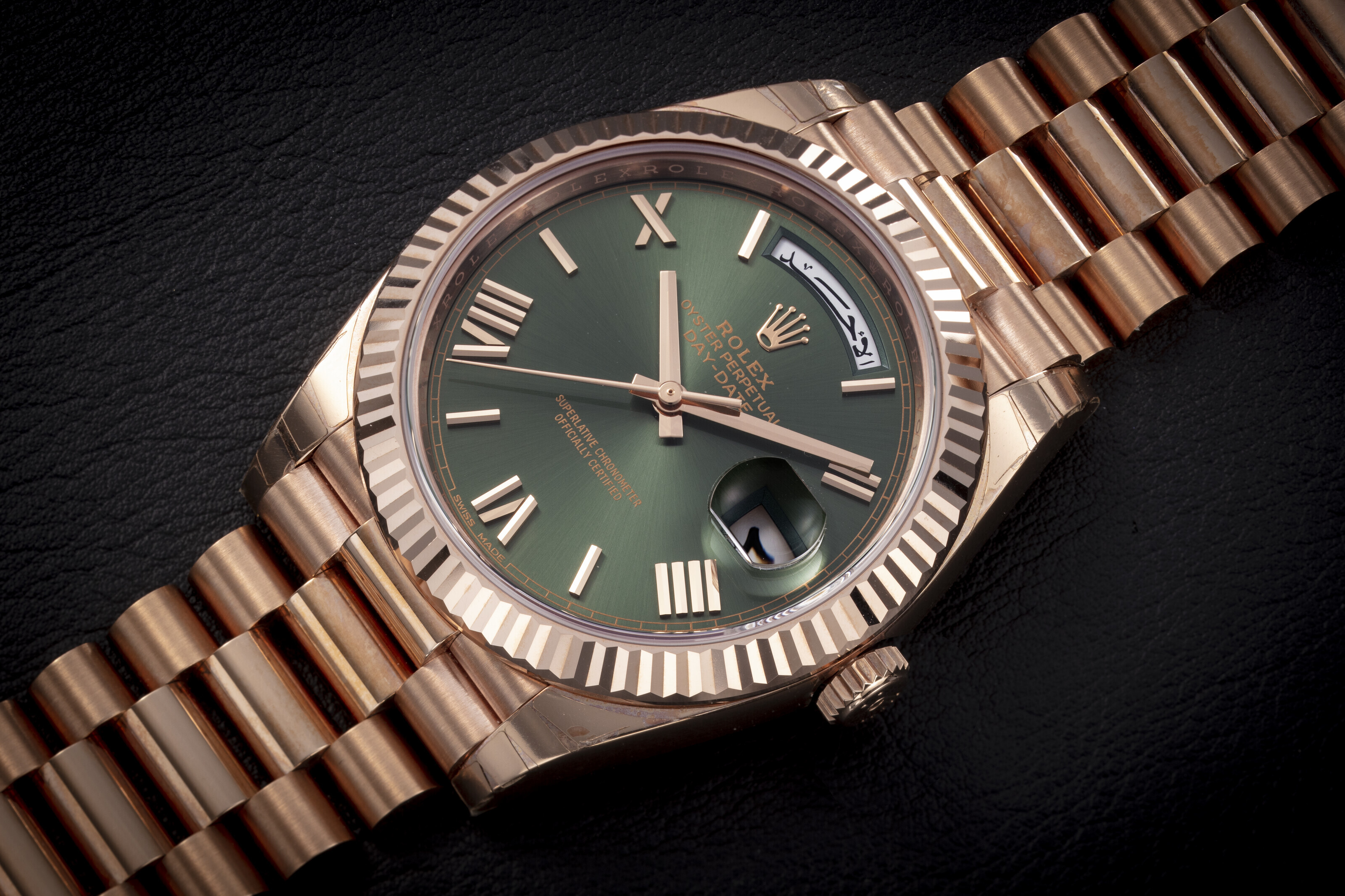 ROLEX, DAY-DATE REF. 18238, AN ATTRACTIVE GOLD DAY-DATE WITH GREEN