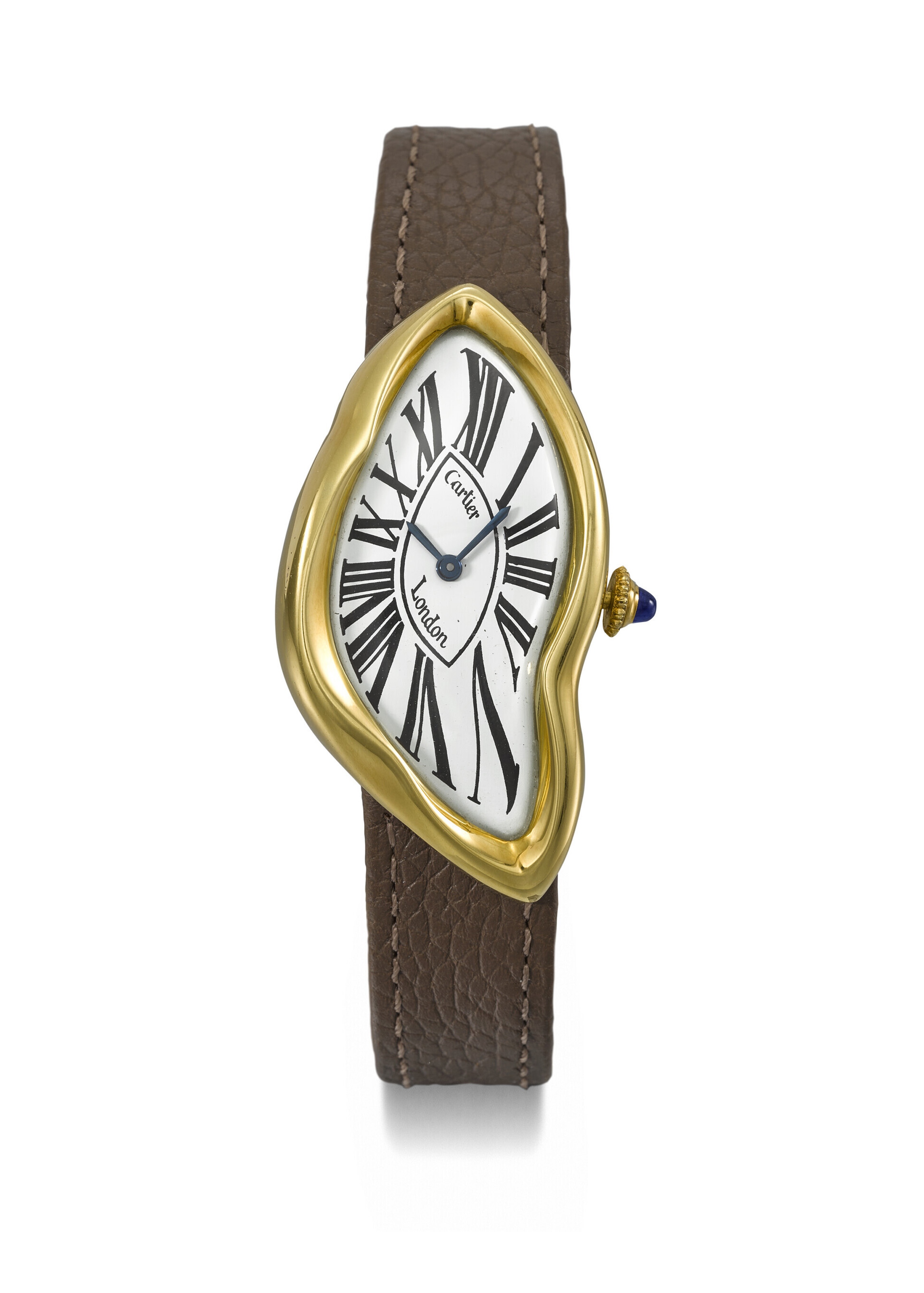 Cartier. An exceptionally rare 18k gold asymmetric wristwatch with original Crash deployant clasp, signed Cartier, London, Crash model, sold for CHF 819,000 on 9 May 2022 at Christie's in Geneva