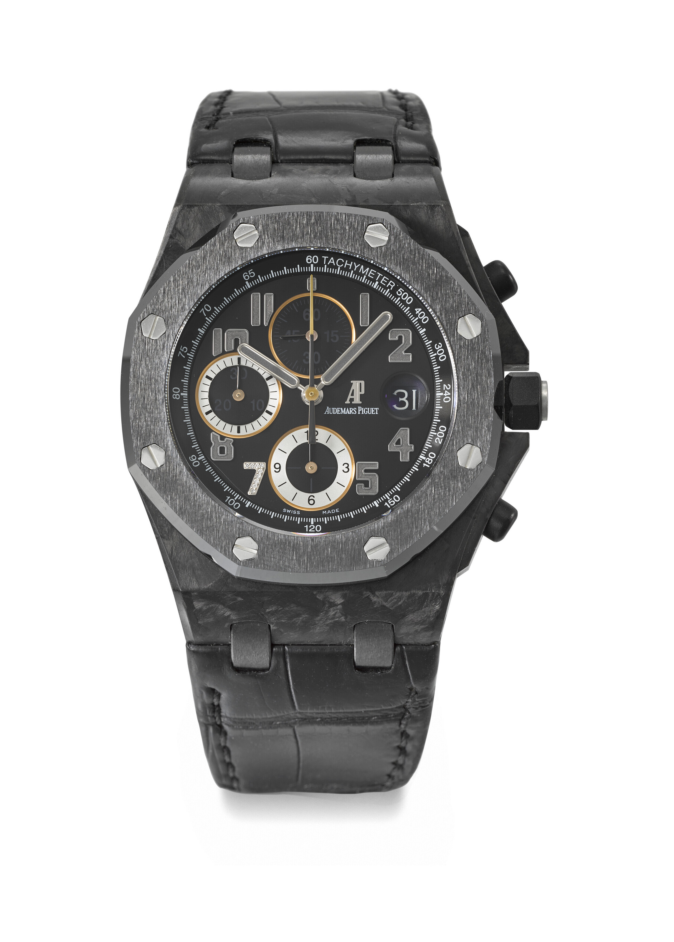 AUDEMARS PIGUET. A VERY RARE AND ATTRACTIVE CARBON AND CERAMIC
