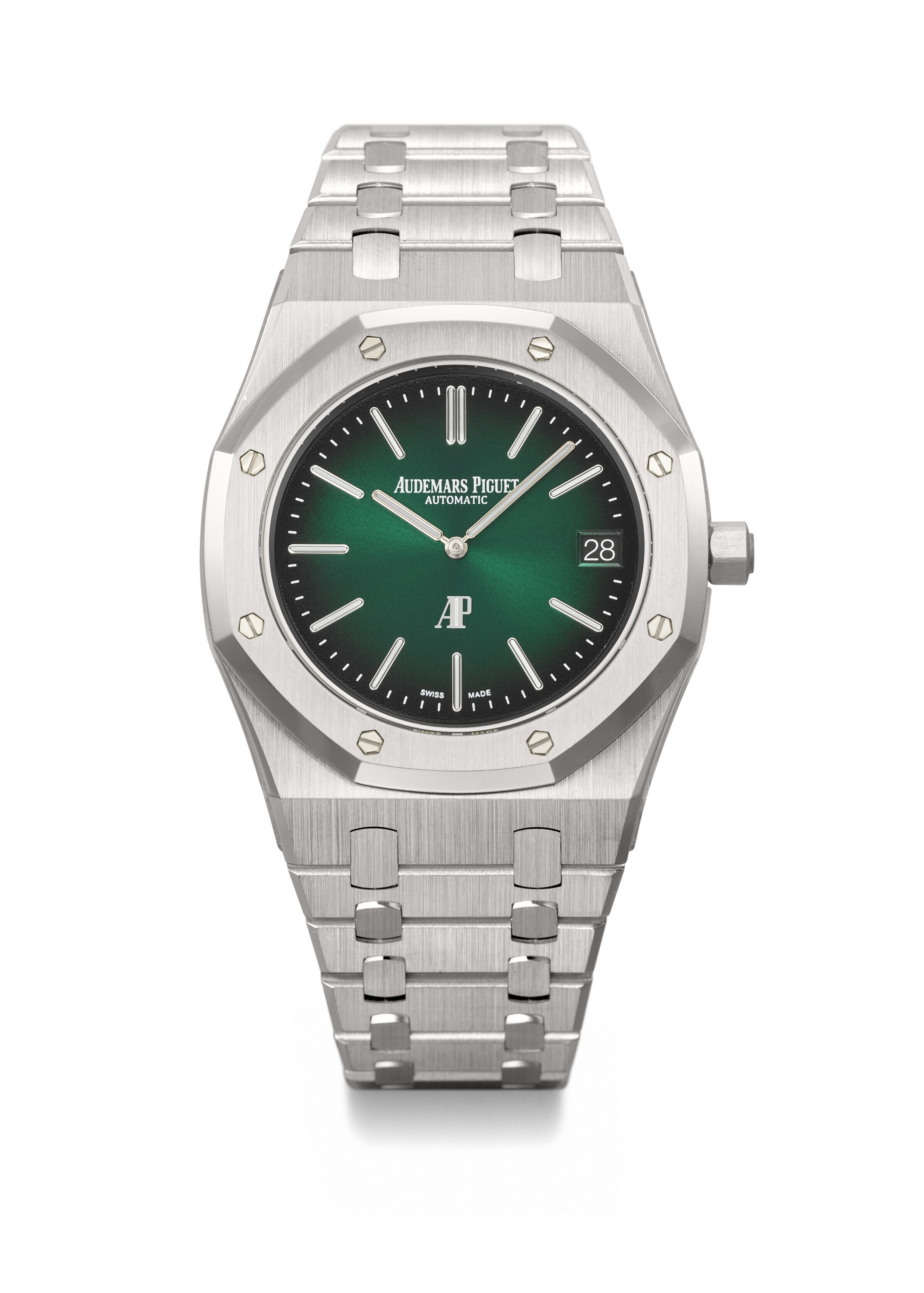 Audemars Piguet. A platinum automatic wristwatch with green dial, date. Royal Oak model, ref. 15202PT, circa 2021, sold for CHF 441,000 on 9 May 2022 at Christie's in Geneva