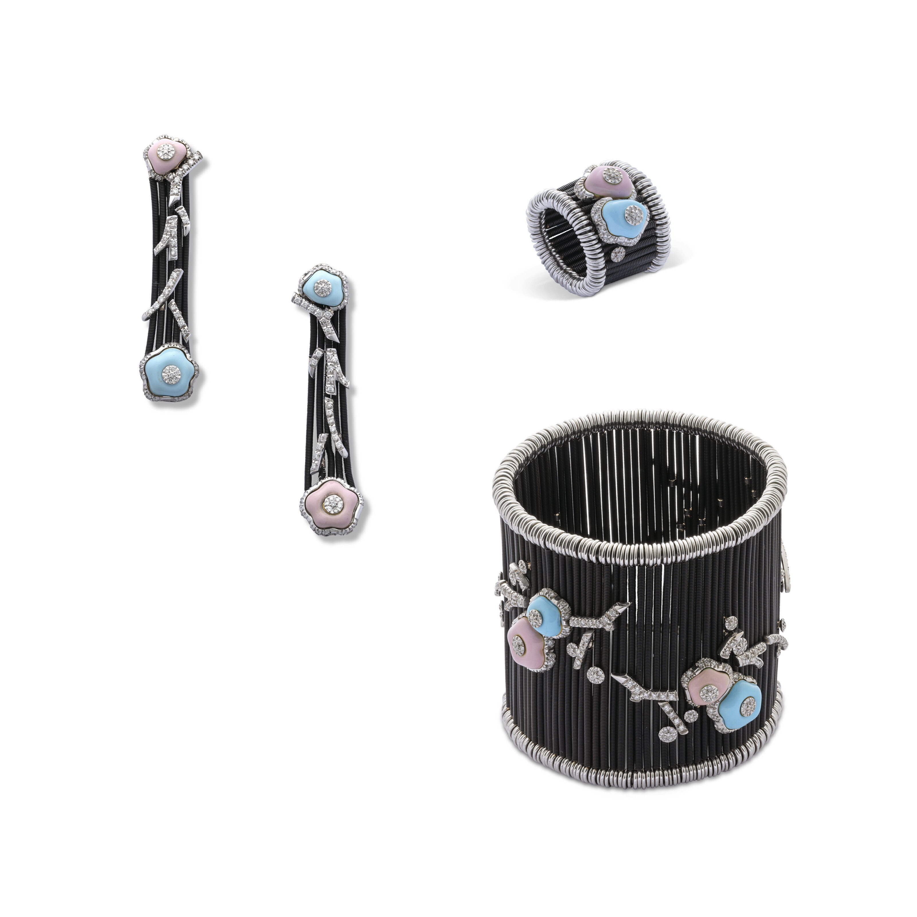 Catalog image of NO RESERVE | ENAMEL AND DIAMOND FLORAL BRACELET, EARRINGS AND RING SUITE