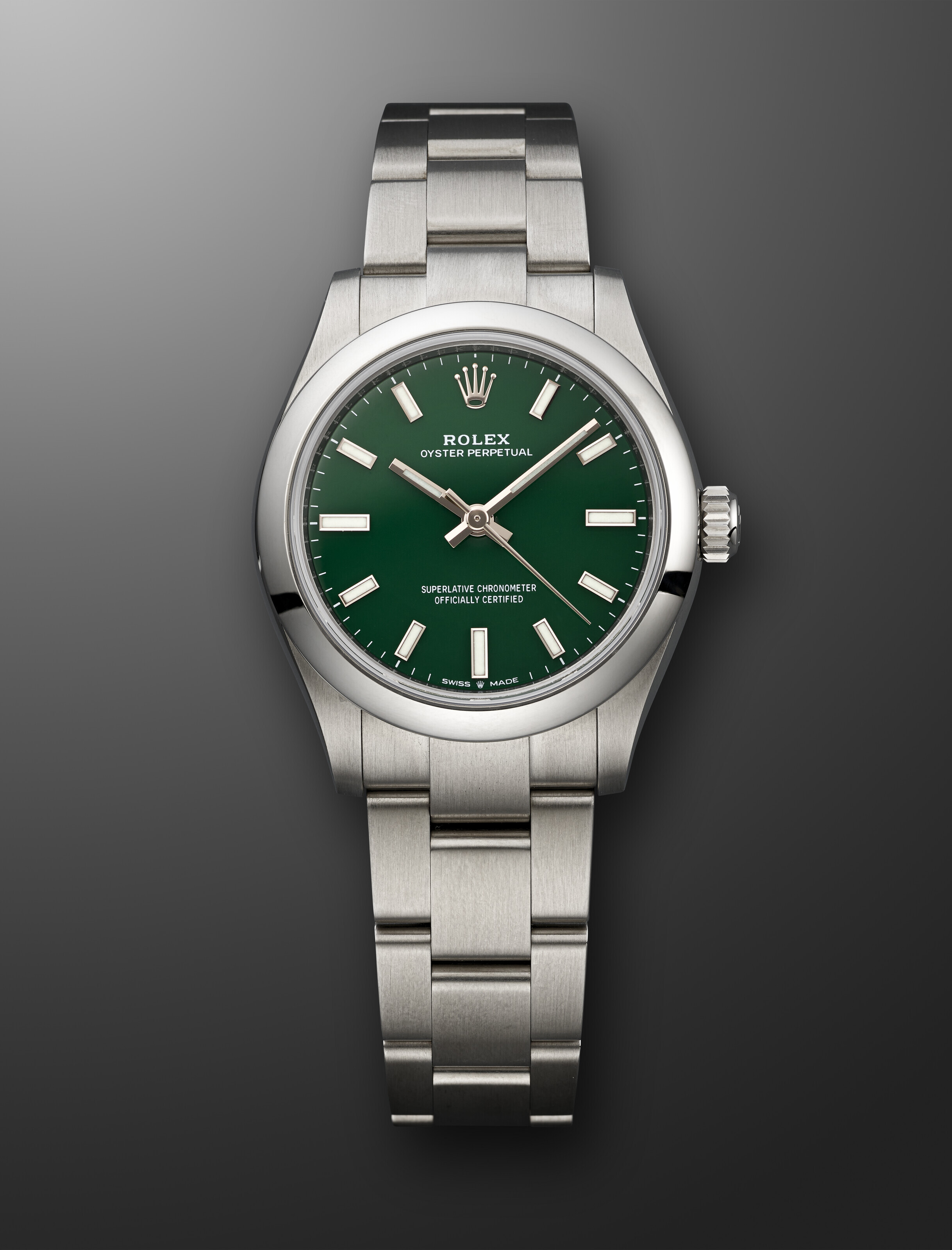ROLEX, STAINLESS STEEL 'OYSTER PERPETUAL' WITH GREEN DIAL, REF