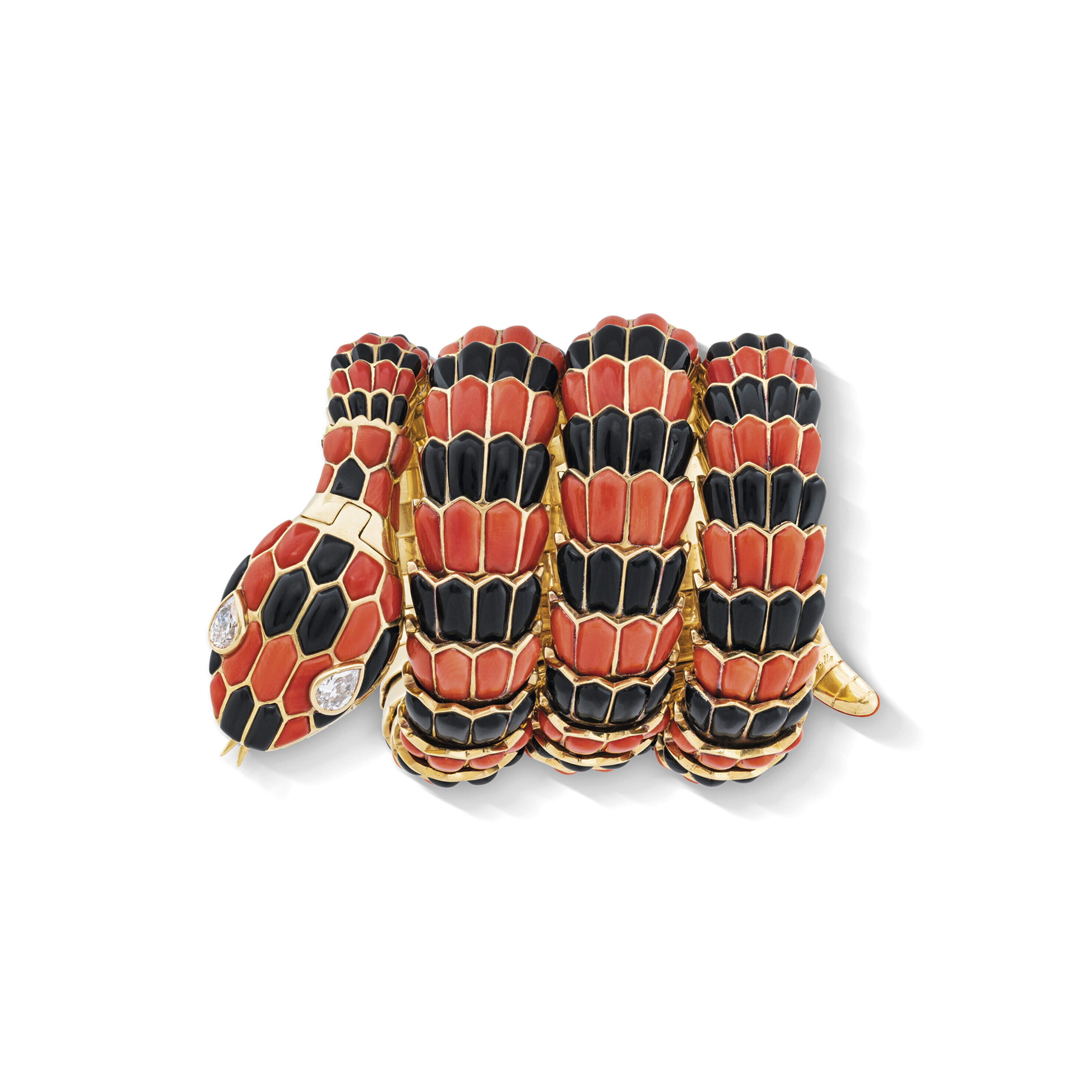A Bulgari coral and onyx &lsquo;Serpenti&rsquo; bracelet-watch. Size/dimensions: case circa 10.0 mm; expandable bracelet with resting circumference of 12.0 cm. Sold for CHF 277,200&nbsp;on 8 November 2022 at Christie&rsquo;s in Geneva