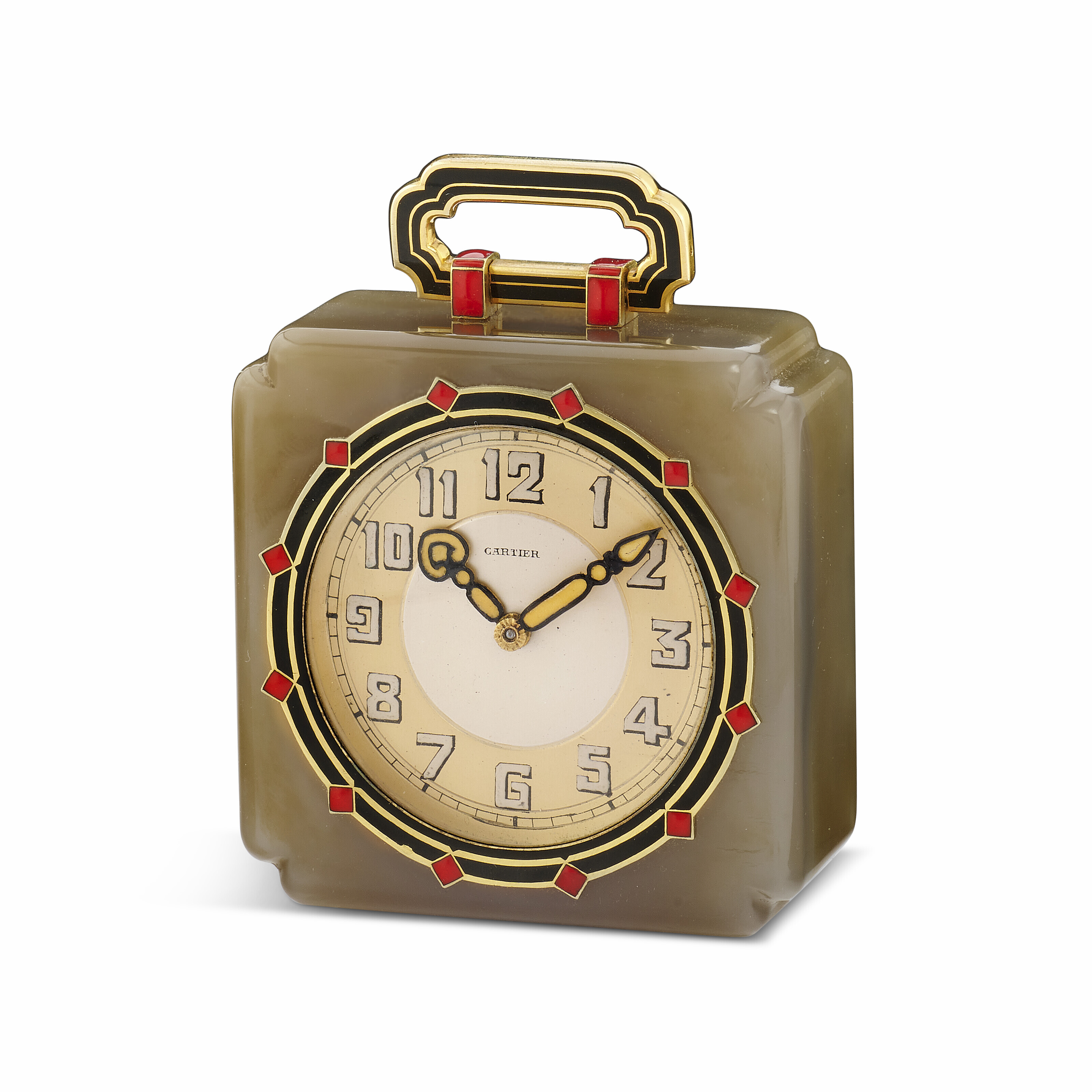 CARTIER ART DECO ENAMEL AND AGATE DESK CLOCK, Christie’s