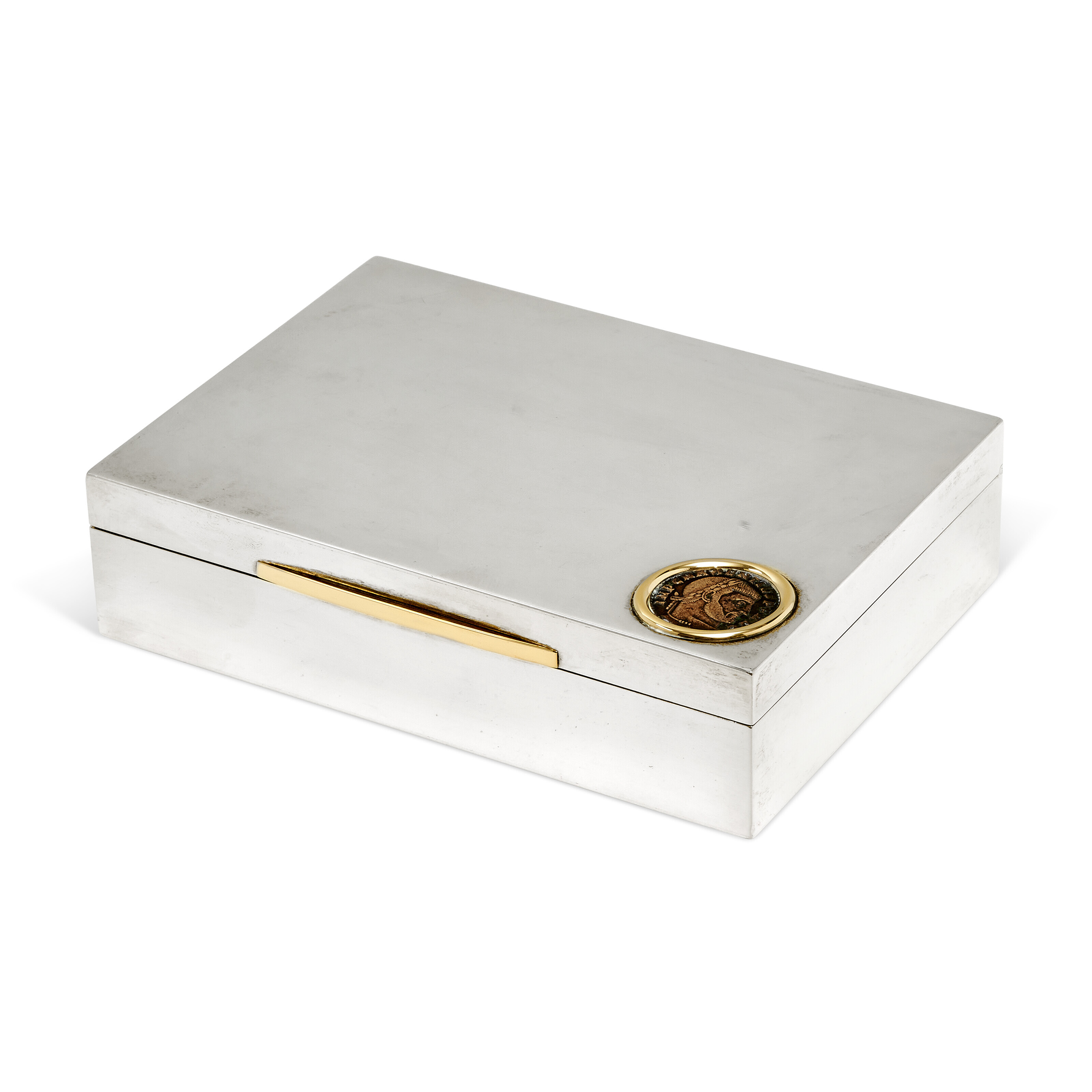 NO RESERVE | BULGARI SILVER AND COIN TABLE BOX; CARTIER
