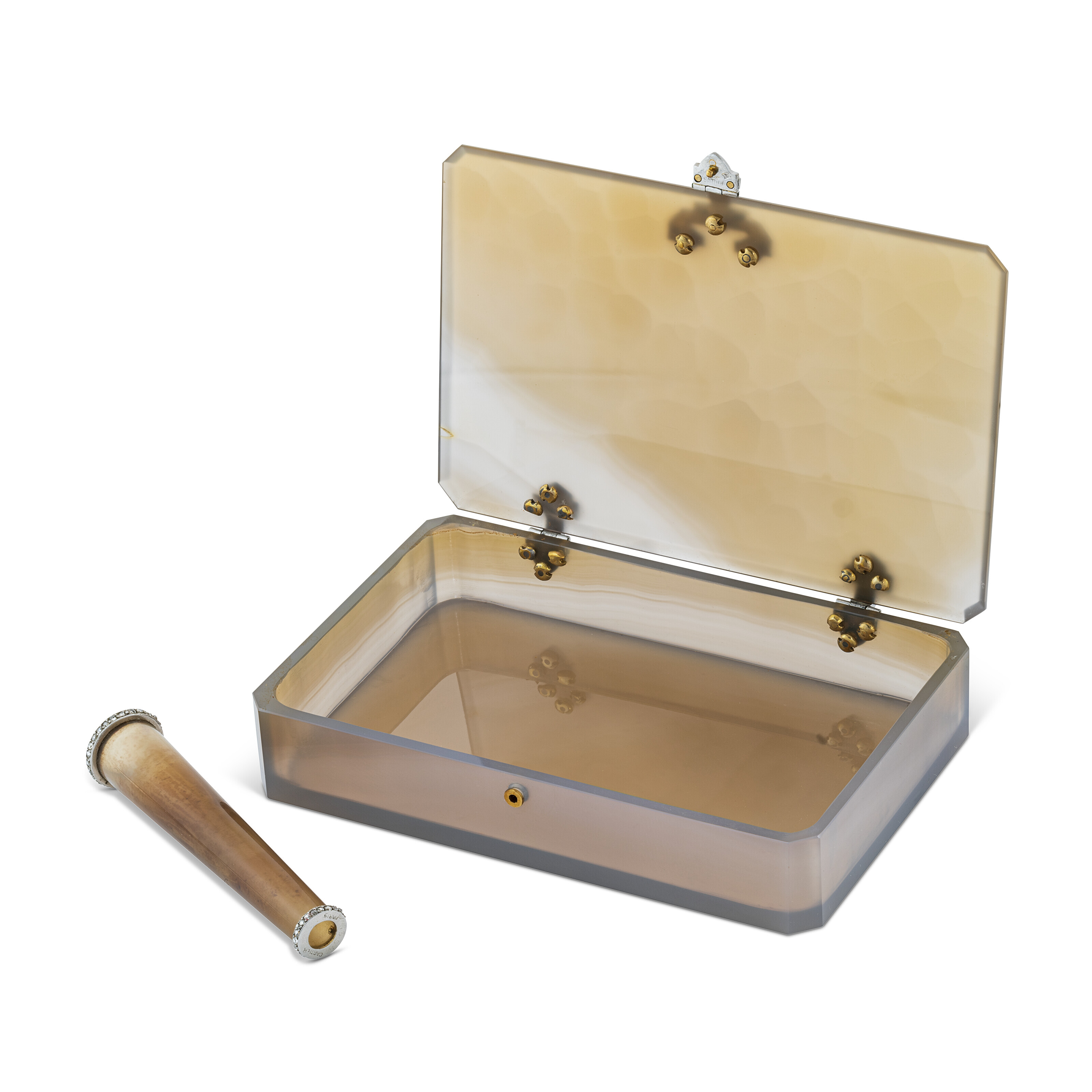 CARTIER ART DECO AGATE, TURQUOISE, ENAMEL AND DIAMOND CIGARETTE CASE AND CIGARETTE  HOLDER,