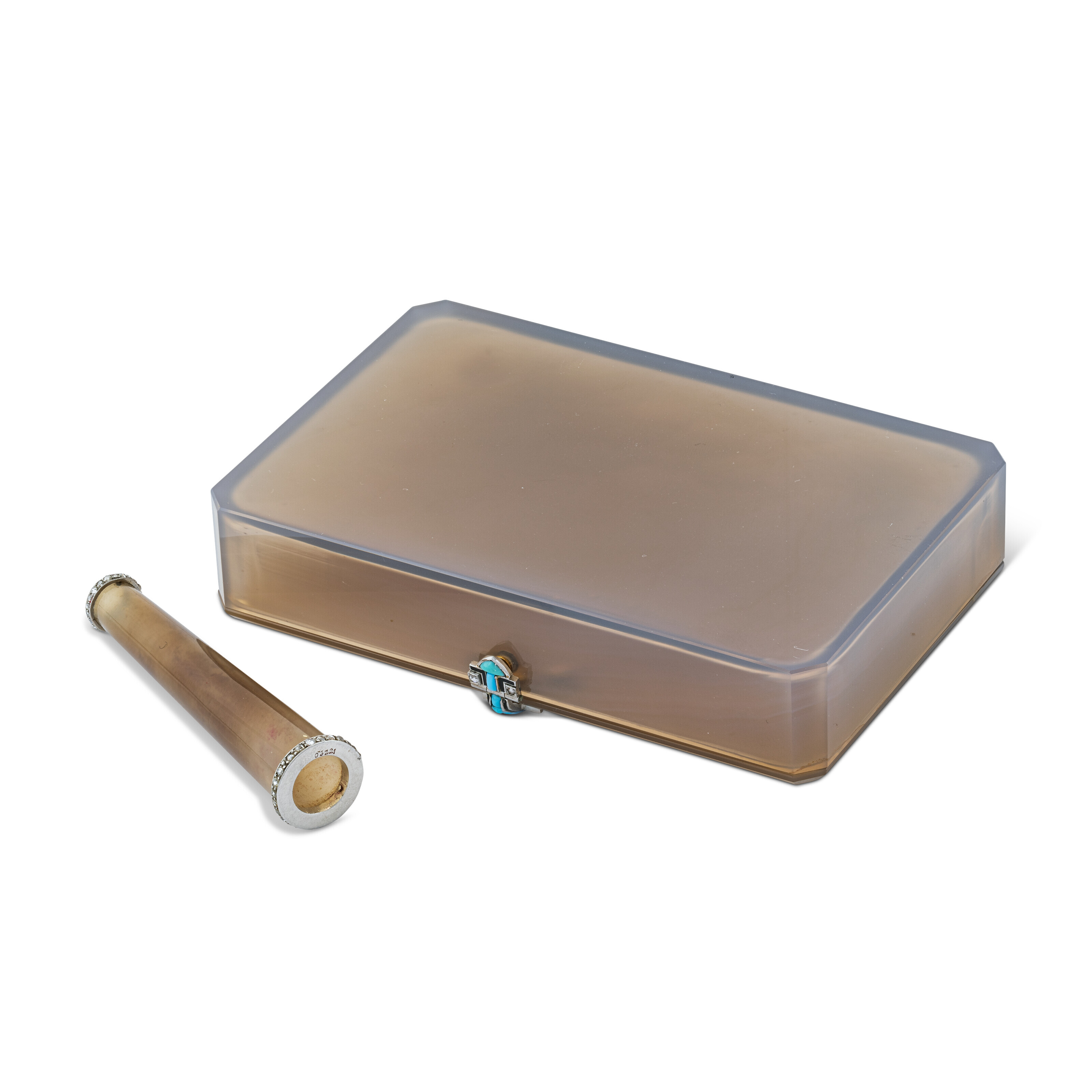 CARTIER ART DECO AGATE, TURQUOISE, ENAMEL AND DIAMOND CIGARETTE CASE AND CIGARETTE  HOLDER,