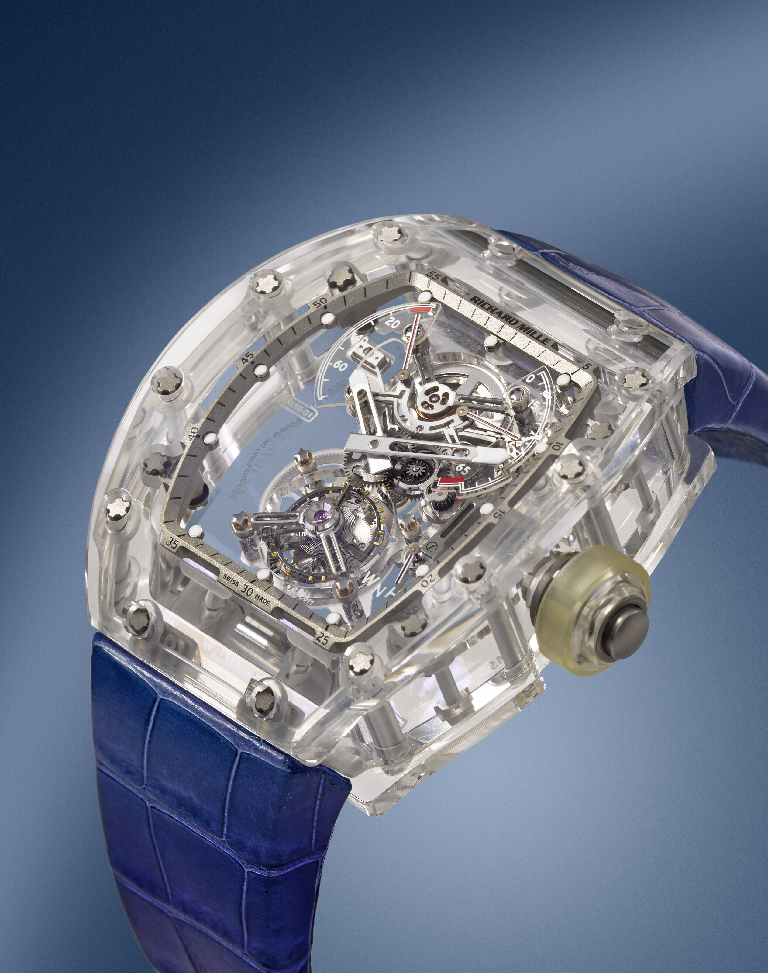 Not only is the case of the RM56-01 carved from a single block of sapphire, the base plate, central bridge and third wheel of its inner workings are also made of the precious stone