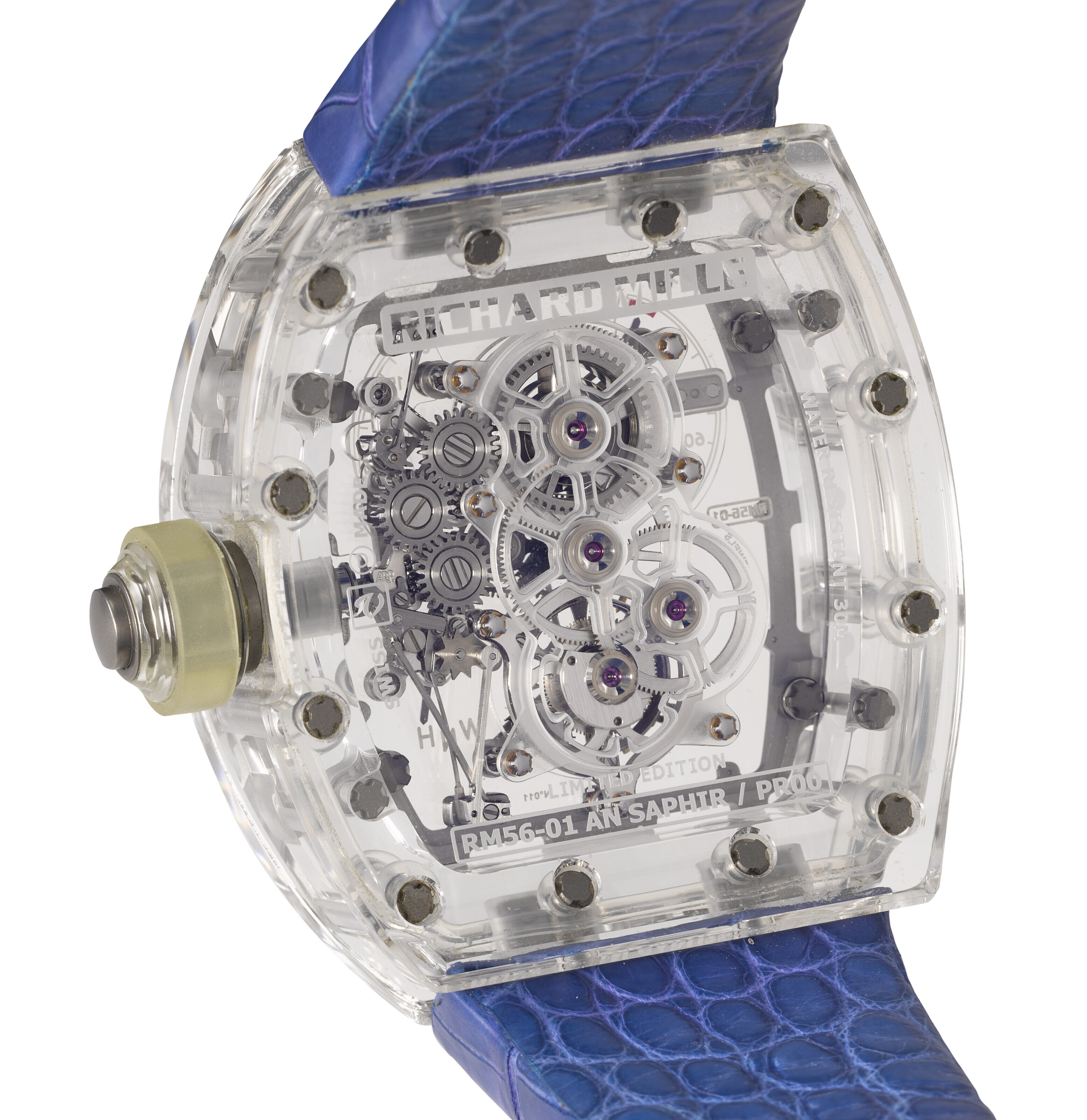 Twenty-four aerospace-grade titanium screws and two clear rubber O-ring seals ensure that the case of the RM56-01 is watertight to a depth of 30 metres