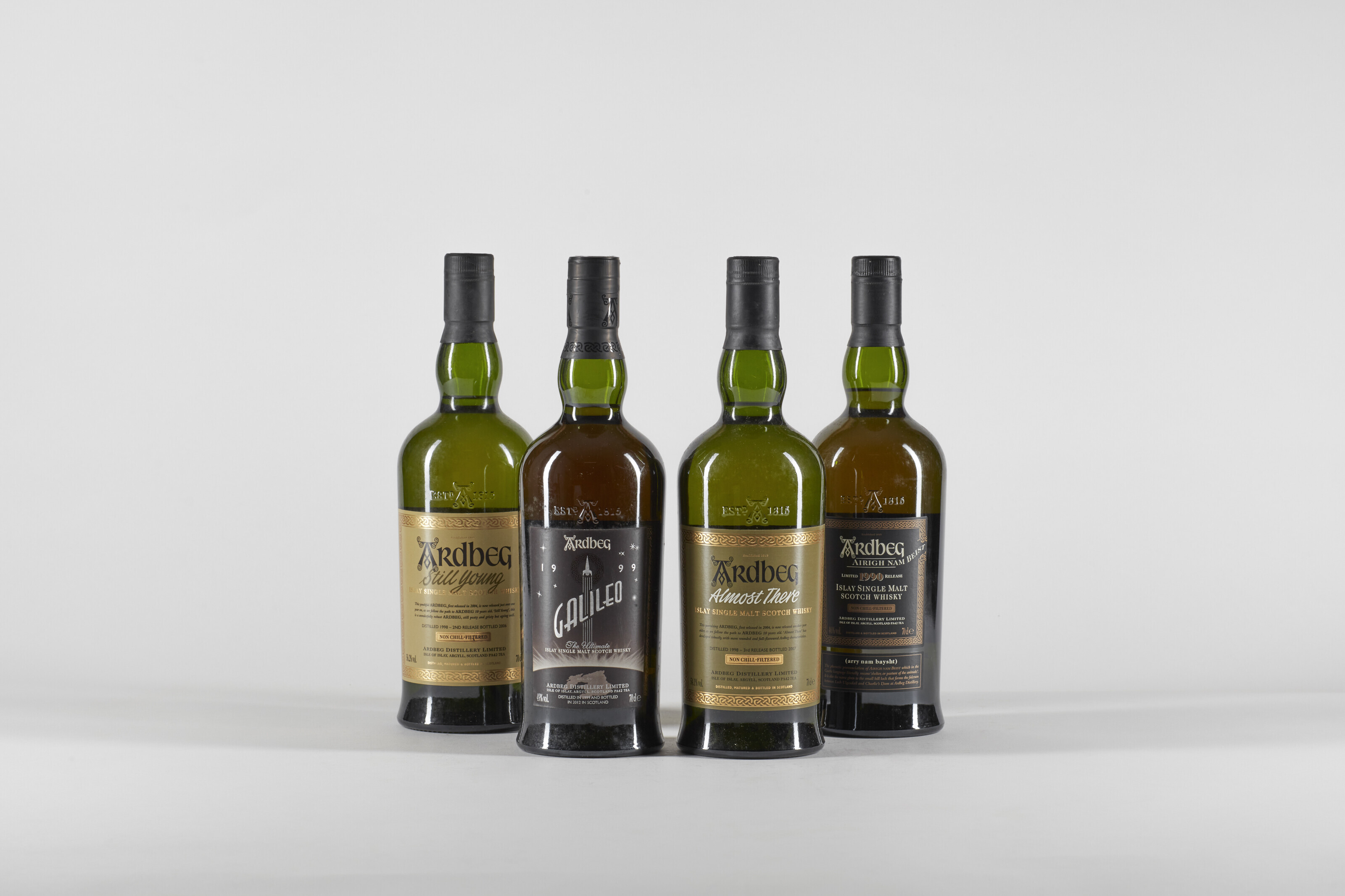 Mixed Ardbeg, Ardbeg Airigh Nam Beist Limited 1990 Release46% vol. In  original slightly bin soiled carton. Good appearance (1)Ardbeg Almost There  1998, 3rd releaseBottled 2007 54.1% vol. In original slightly bin soiled