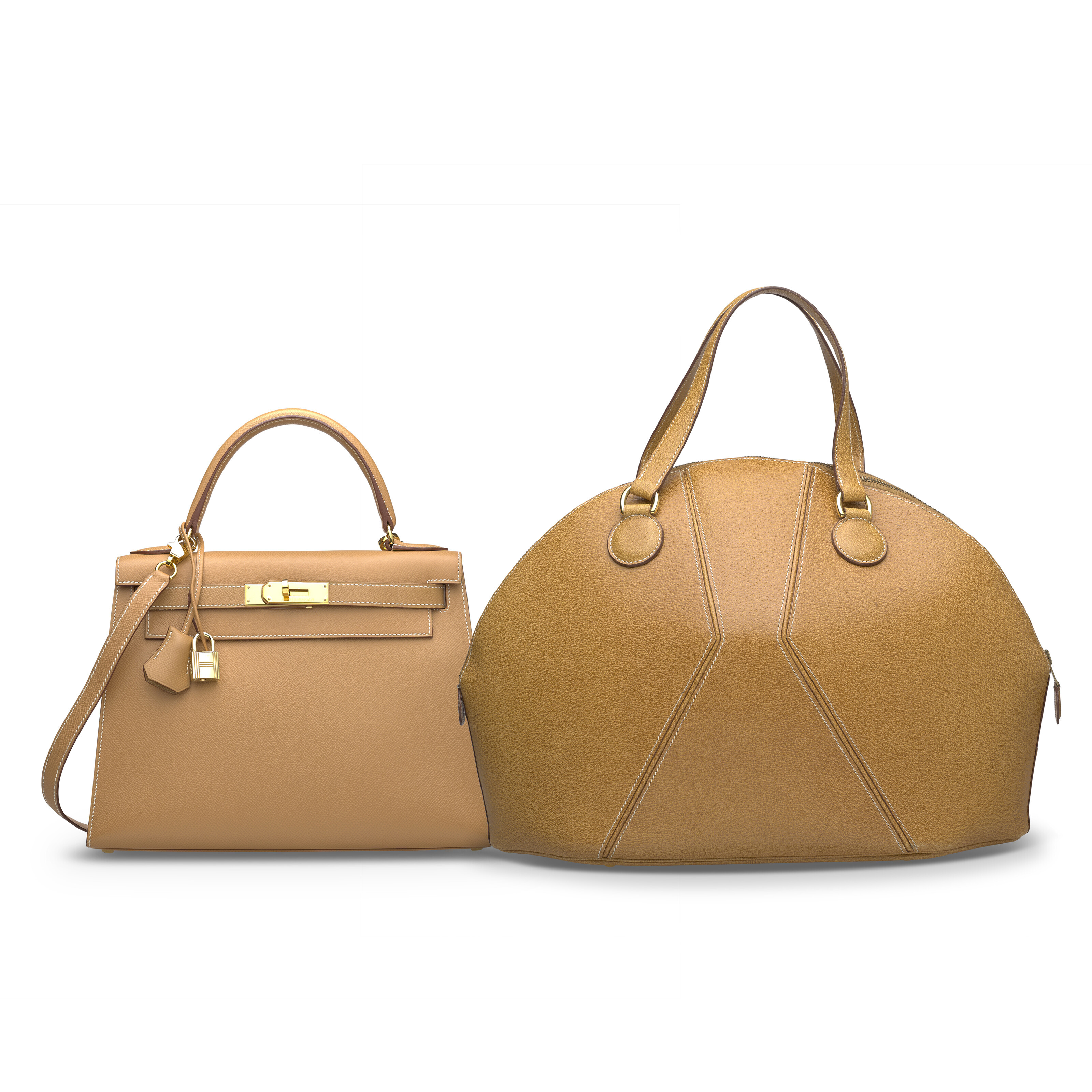 A SET OF TWO A NATUREL COURCHEVEL LEATHER SELLIER KELLY 28 WITH GOLD