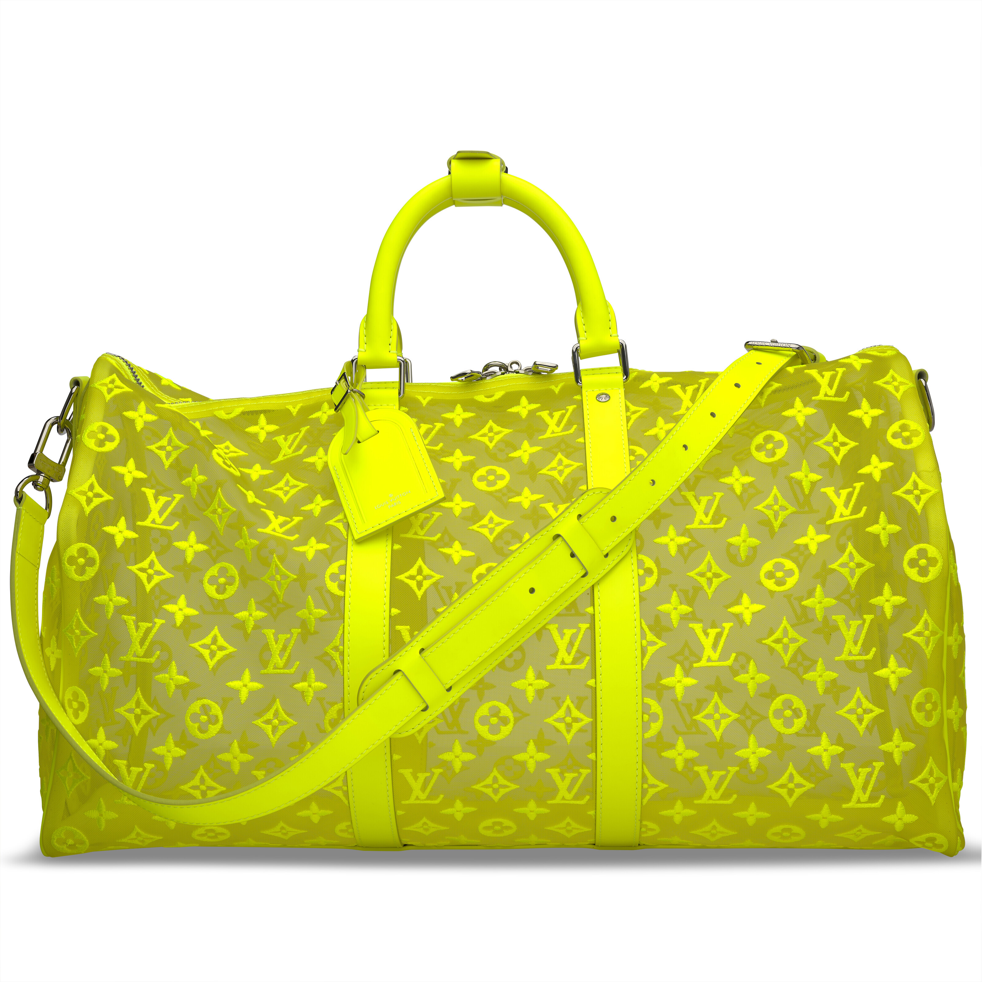 A LIMITED EDITION YELLOW EMBROIDERED MESH MONOGRAM KEEPALL BANDOULIÈRE 50  WITH SILVER HARDWARE BY VIRGIL ABLOH, LOUIS VUITTON, 2019