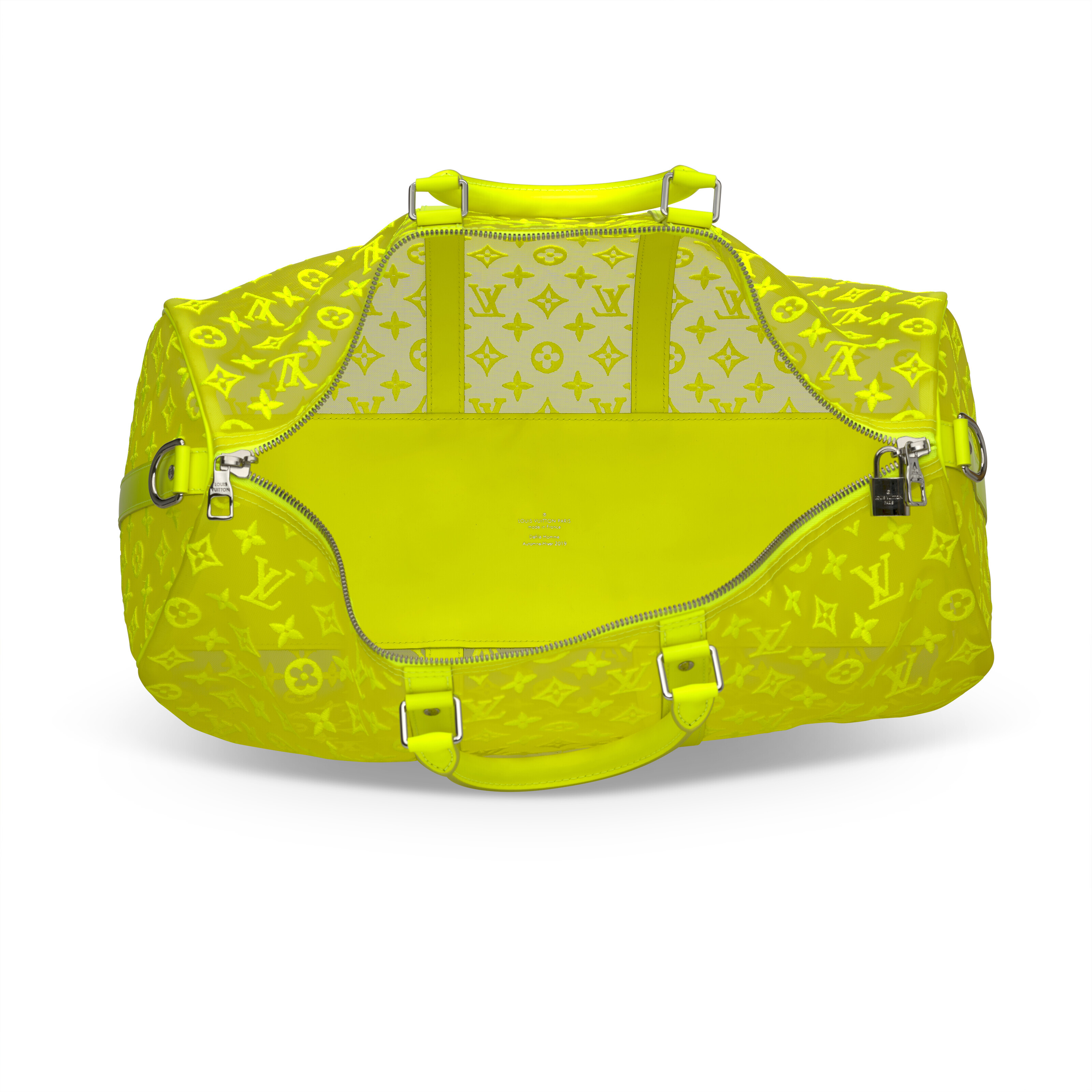 A LIMITED EDITION YELLOW EMBROIDERED MESH MONOGRAM KEEPALL