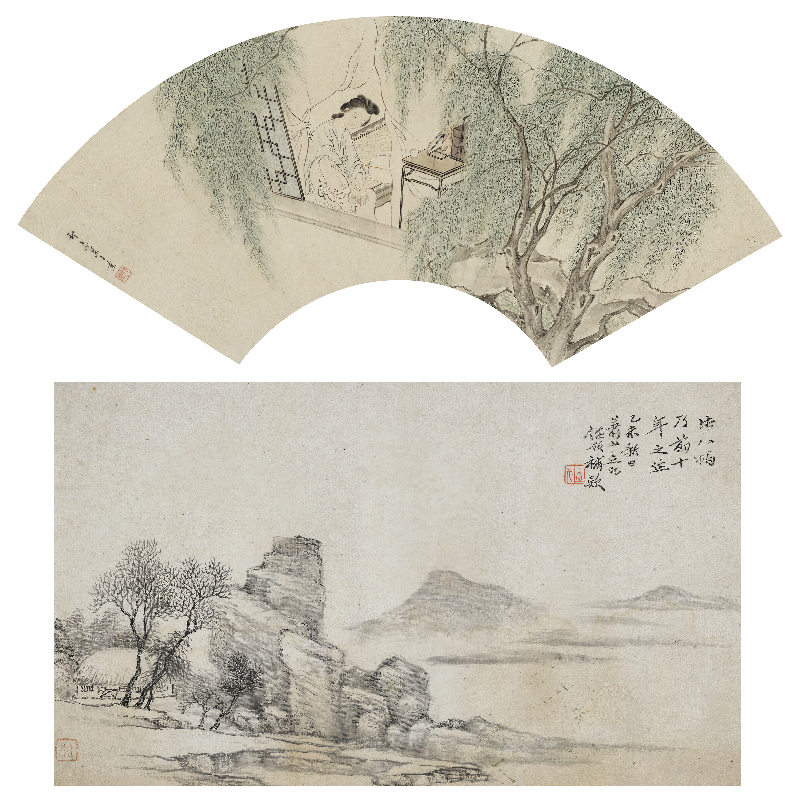 王素（1794-1877）／任预（1853-1901）, 柳阴仕女／山水| Christie's