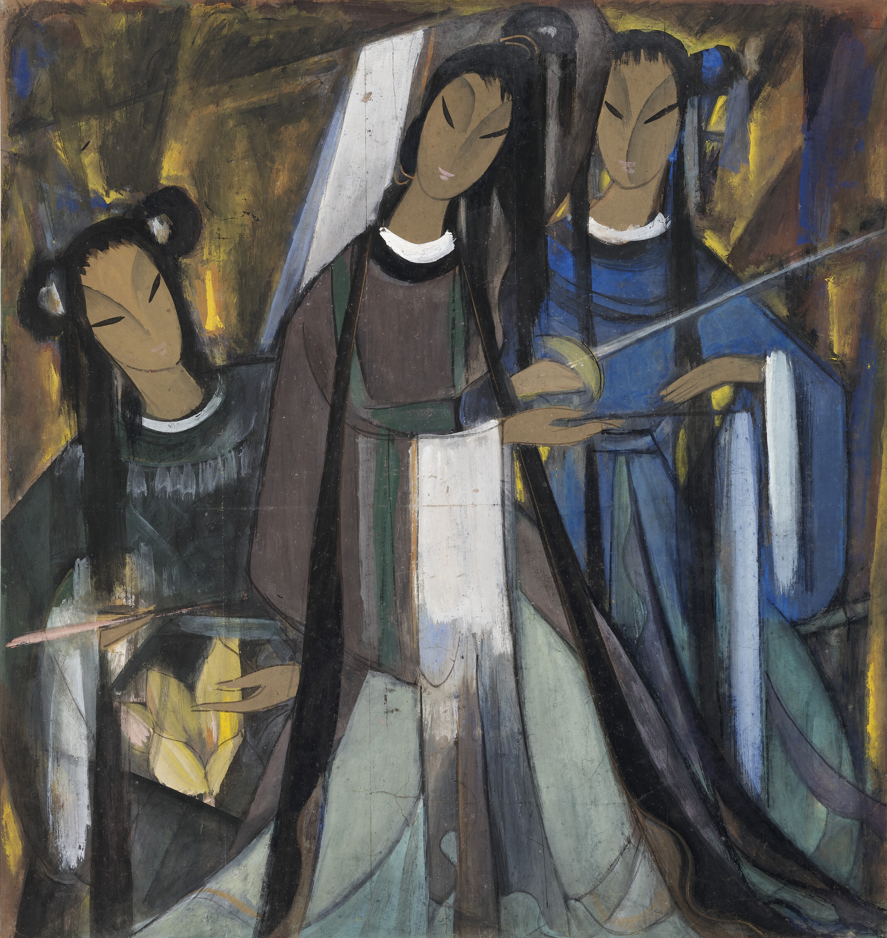 Lin Fengmian's Opera Figures, an ink-and-color painting of three stylized performers and a lotus lantern