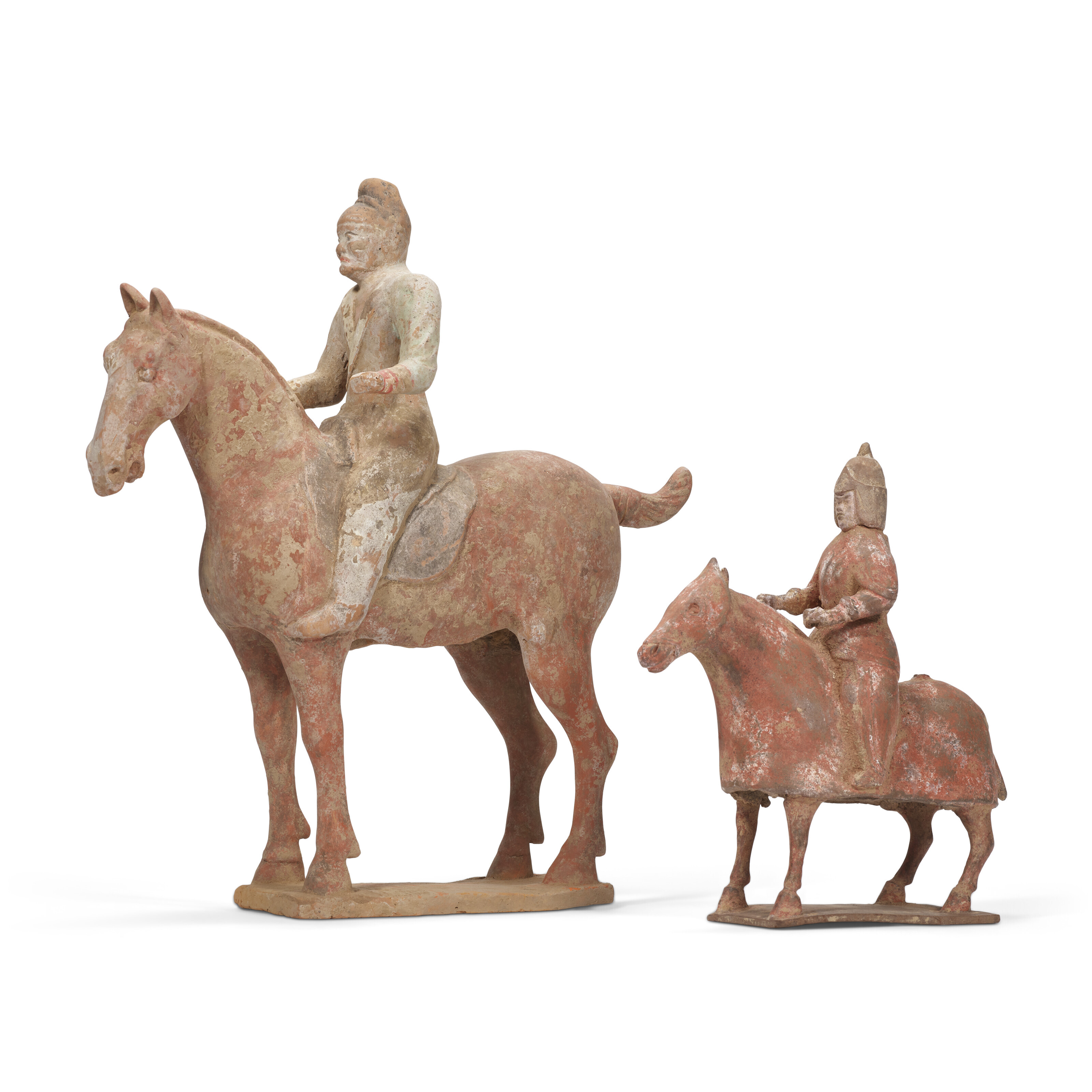 TWO PAINTED POTTERY FIGURES OF HORSES AND RIDERS, NORTHERN WEITANG