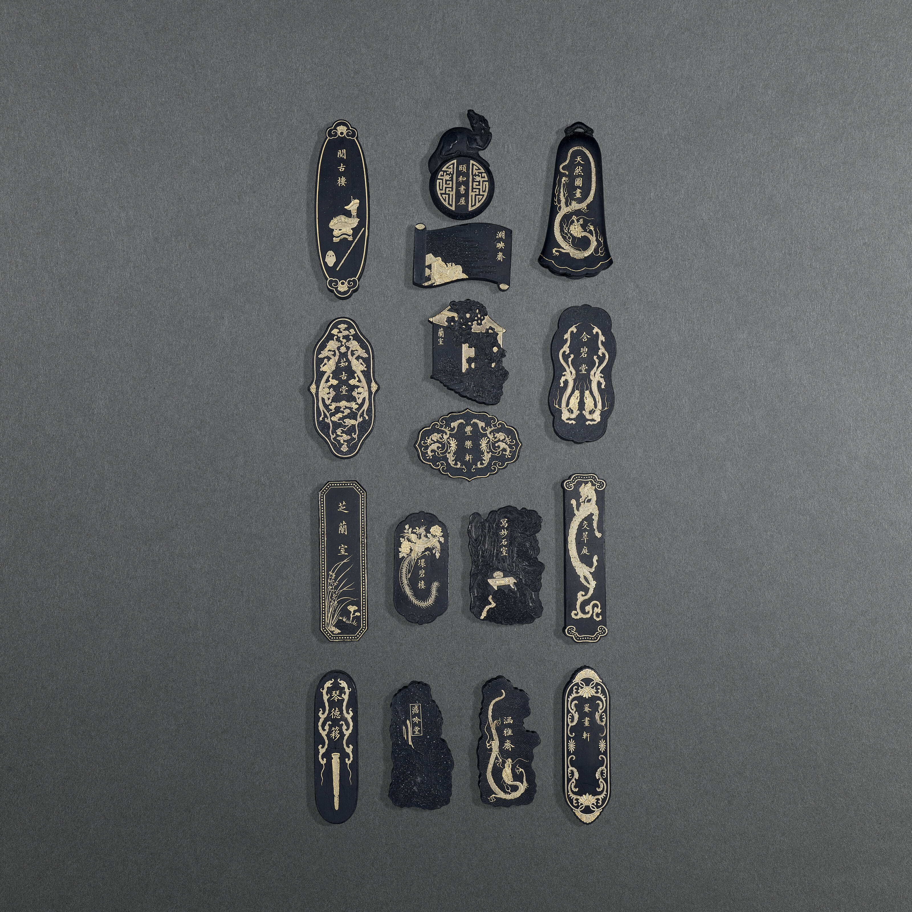 清嘉慶御製「御園圖墨」十六枚「嘉慶年製」款, JIAQING PERIOD (1796