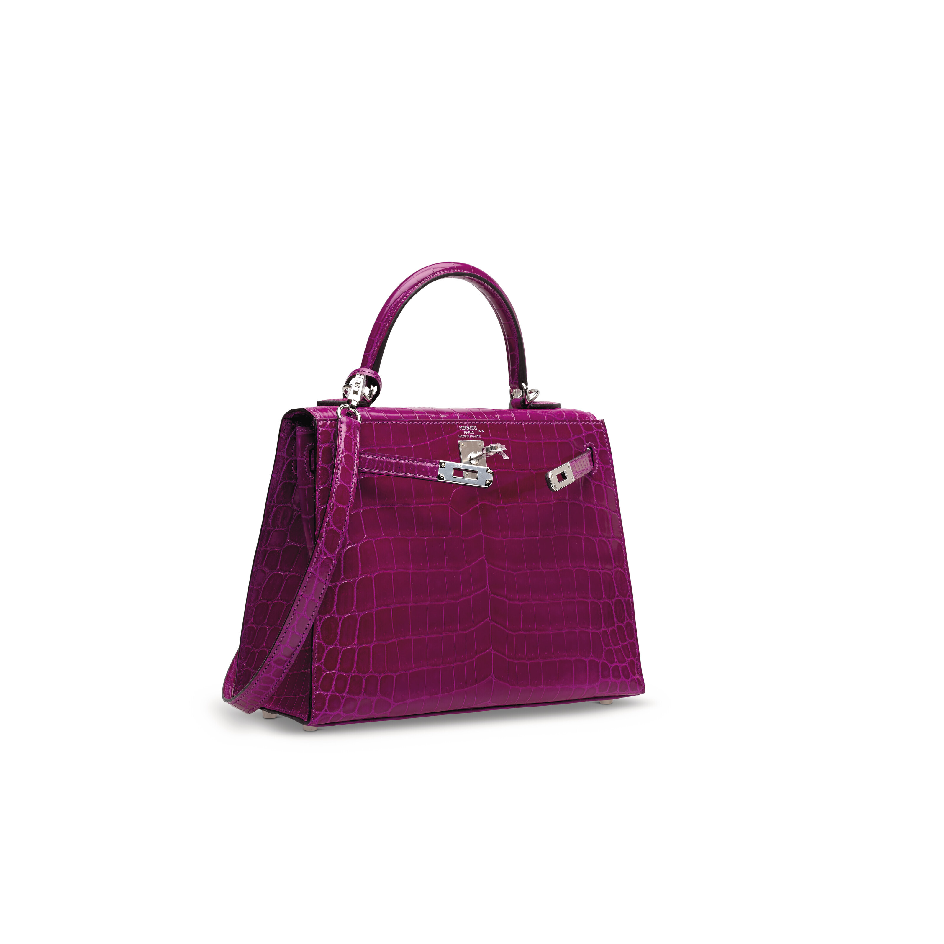 A SHINY ROSE POURPRE NILOTICUS CROCODILE SELLIER KELLY 25 WITH