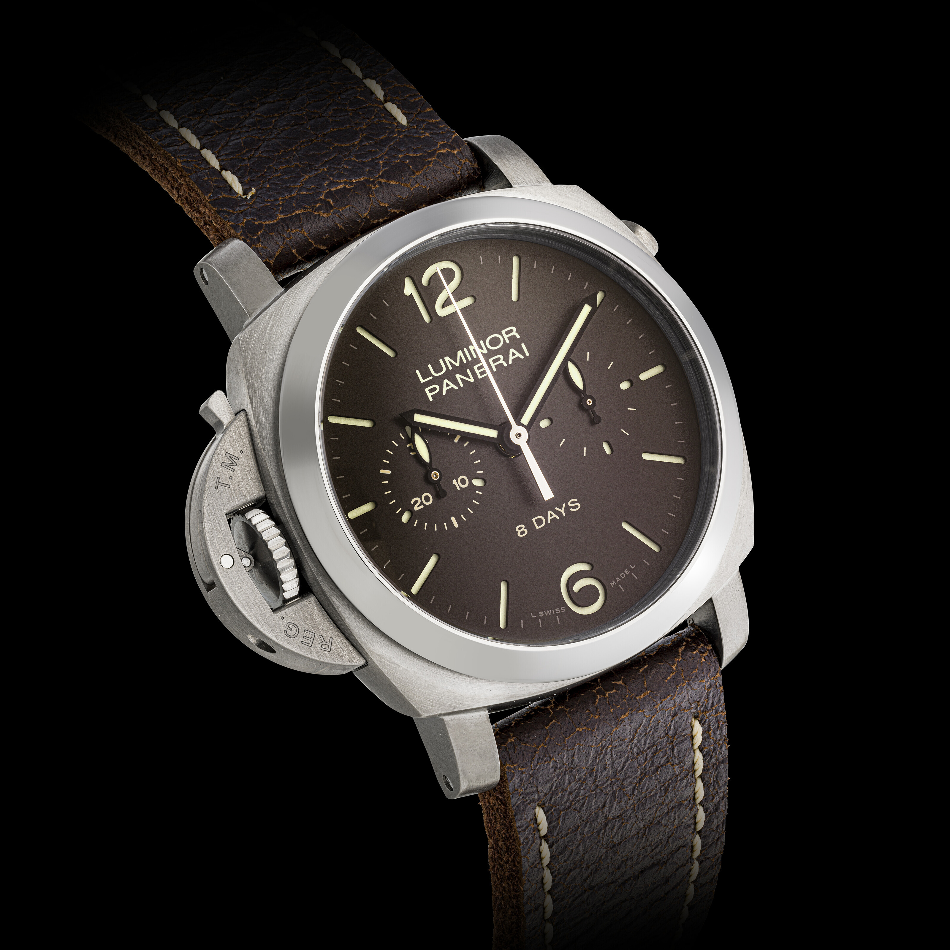 PANERAI REF. PAM00345 LIMITED EDITION OF 150 PIECES TITANIUM LUMINOR 1950 CHRONO MONOPULSANTE LEFT HANDED 8 DAYS TITANIO In unworn condition certificate and box Christie s