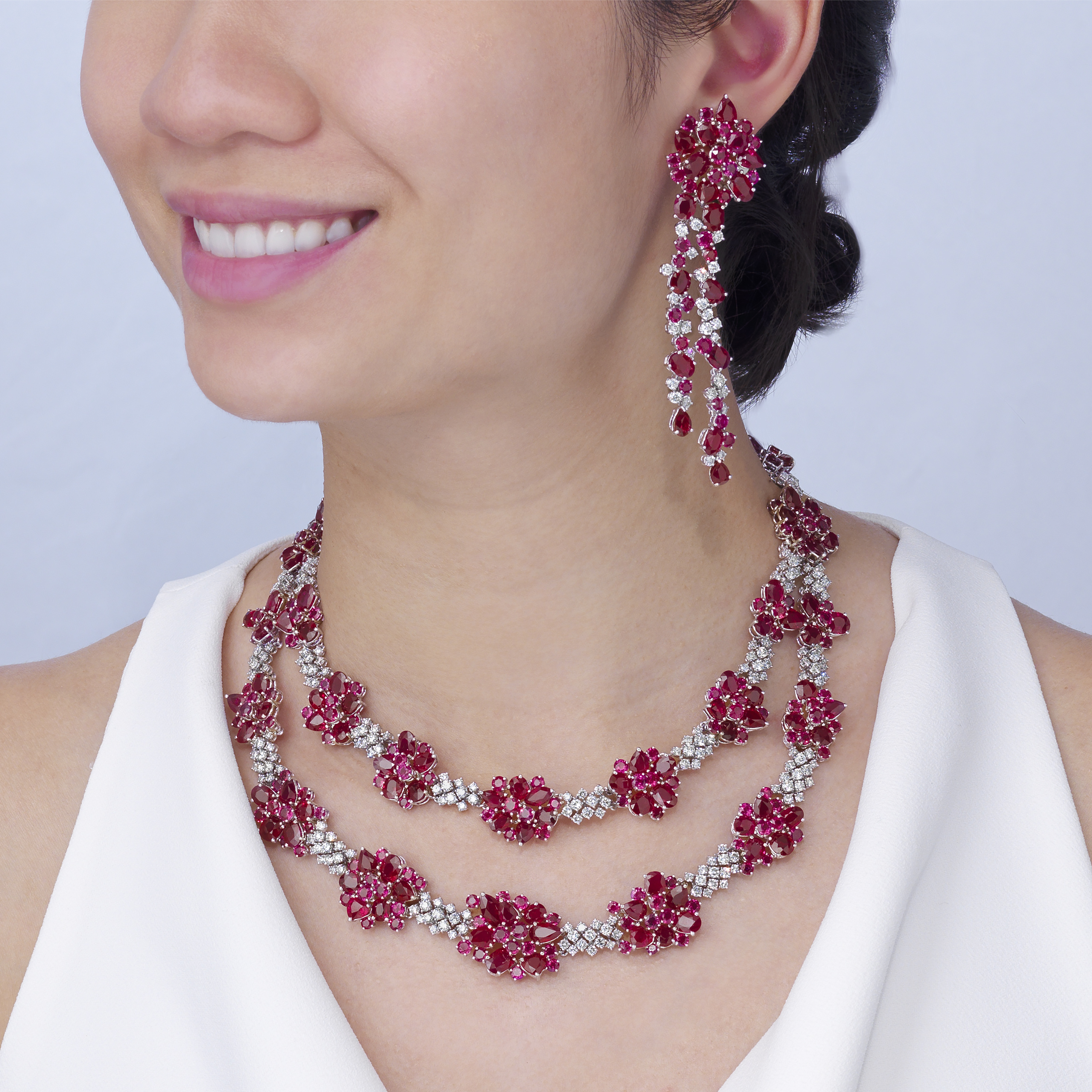 Ruby and diamond necklace and earring set top